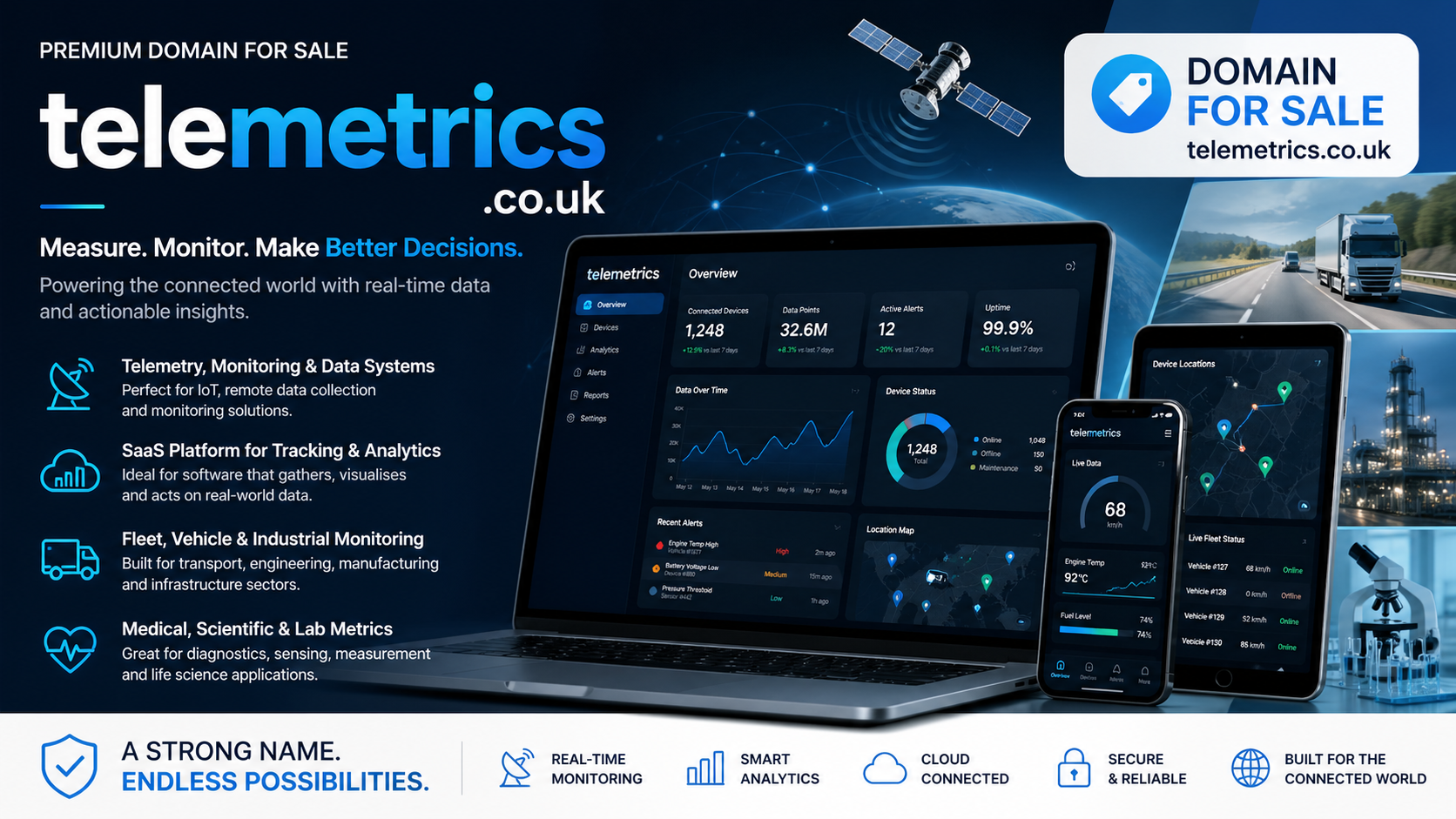 Startup-style promo banner featuring the domain telemetrics.co.uk, shown with laptop and phone analytics dashboards, IoT and data icons. Style: clean modern tech gradient.