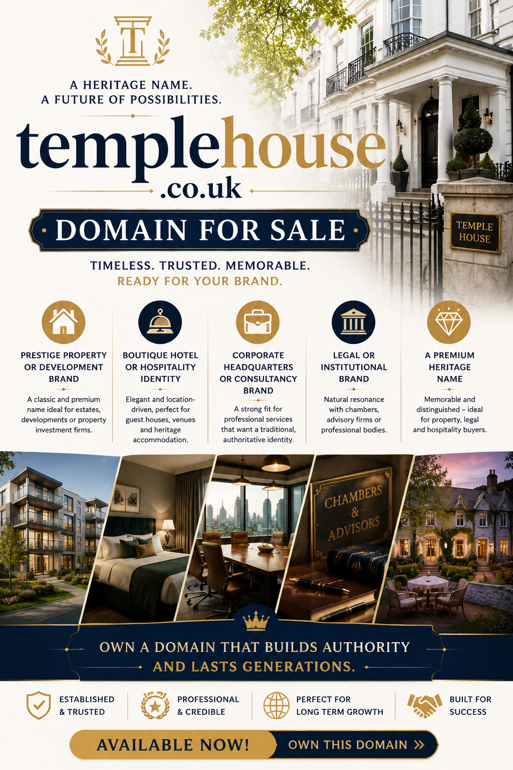 Promotional graphic for templehouse.co.uk with luxury properties, hotel interiors and heritage branding. Style: elegant modern.