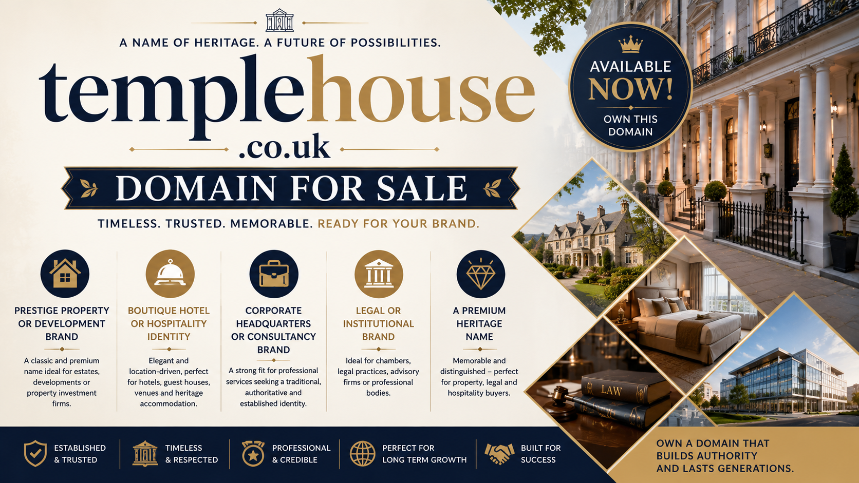 Promotional graphic for templehouse.co.uk with luxury properties, hotel interiors and heritage branding. Style: elegant modern.