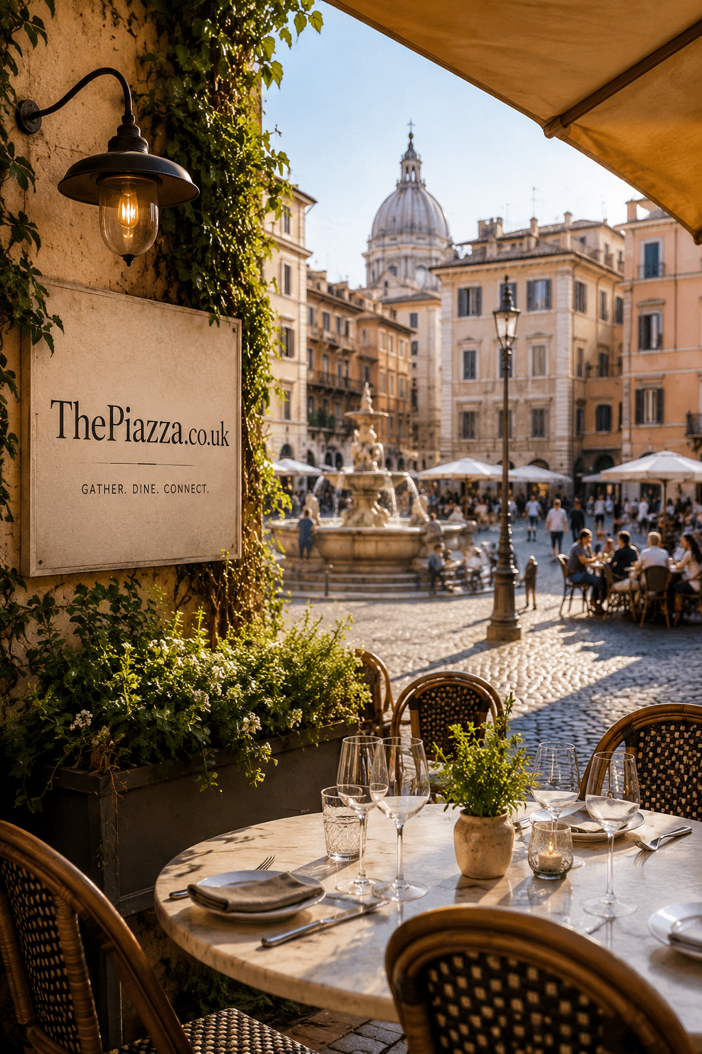 A bright European piazza with elegant outdoor café tables overlooking a historic fountain and beautiful architecture. A subtle sign displays ThePiazza.co.uk, creating an inspiring vision for a premium restaurant, café or hospitality brand.