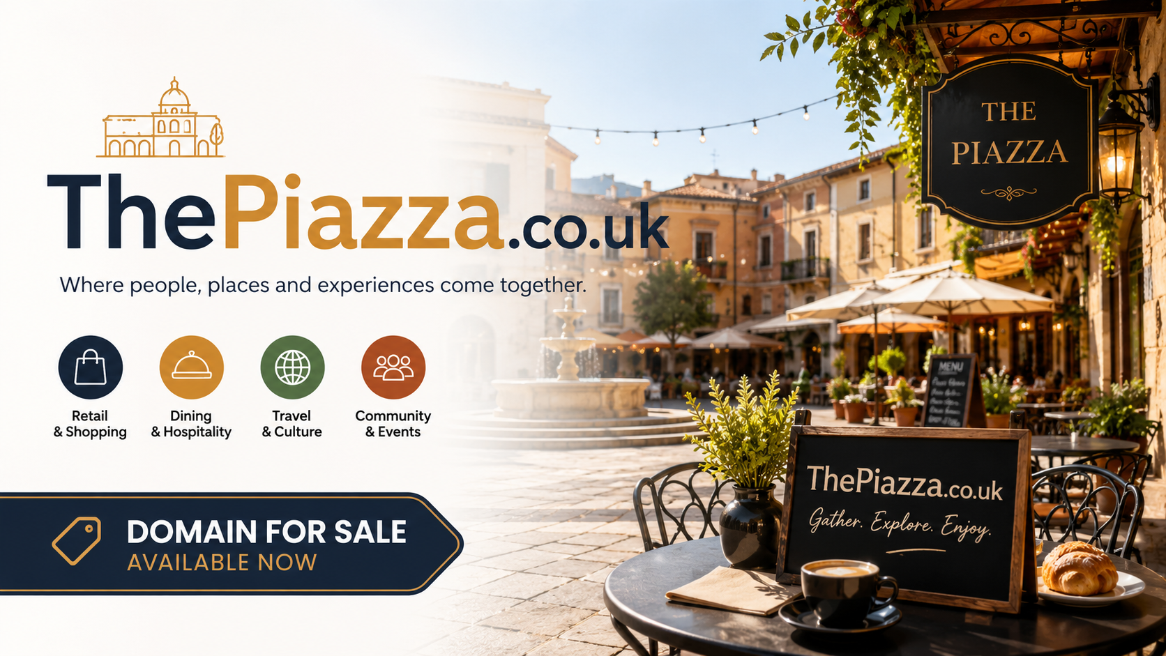 A bright, professional Twitter banner promoting ThePiazza.co.uk. The left side features the domain name prominently in large blue and gold lettering with the slogan "Where people, places and experiences come together." Below are icons representing retail shopping, dining and hospitality, travel and culture, and community events, alongside a "Domain For Sale – Available Now" banner. The right side shows a beautiful sunlit European piazza with cafés, outdoor seating, a fountain and elegant hist