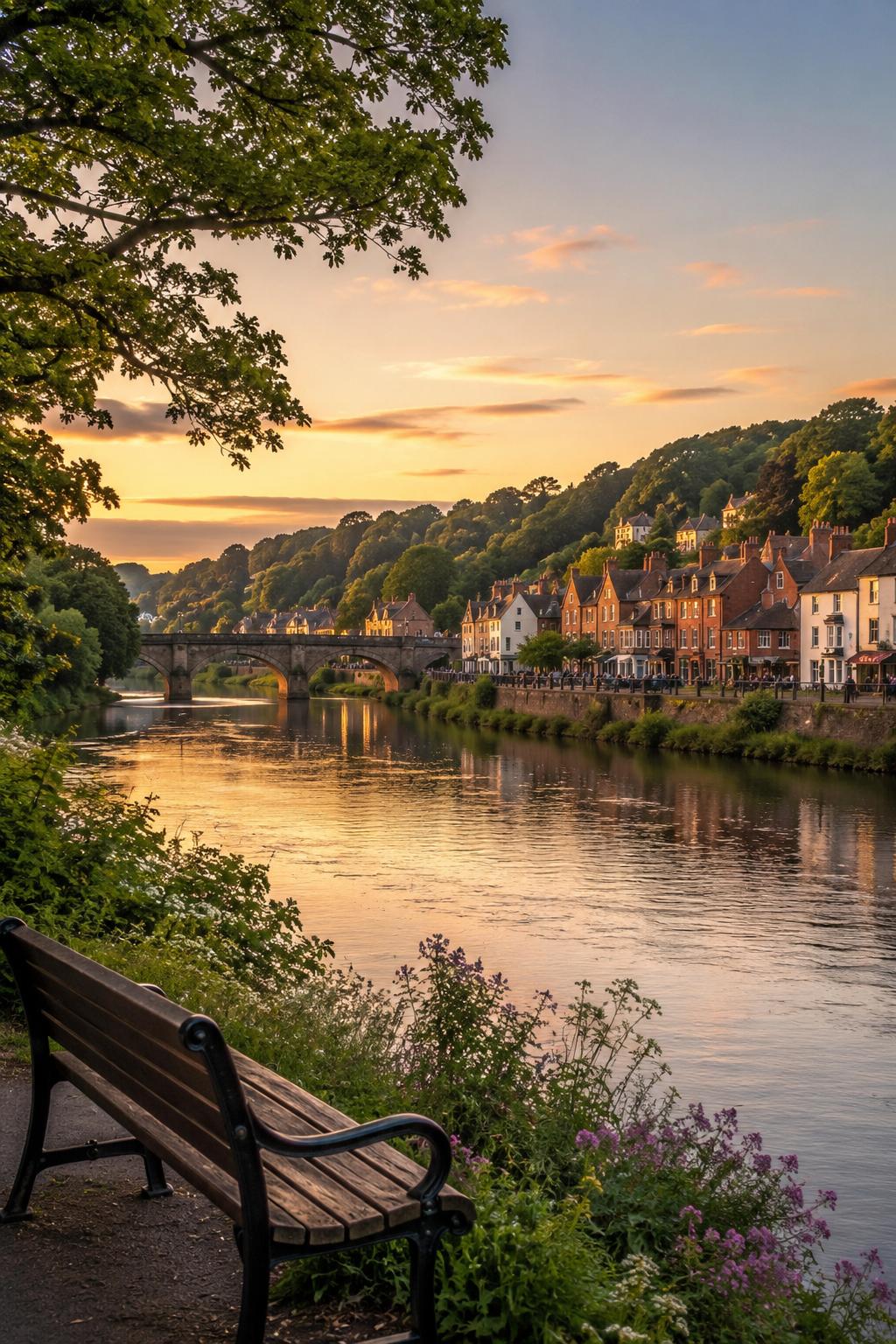 Golden evening light reflects across a peaceful riverside town with a graceful stone bridge, tree-lined banks and traditional buildings beside the water, capturing the welcoming character of a destination inspired by the River Severn and regional hospitality.
