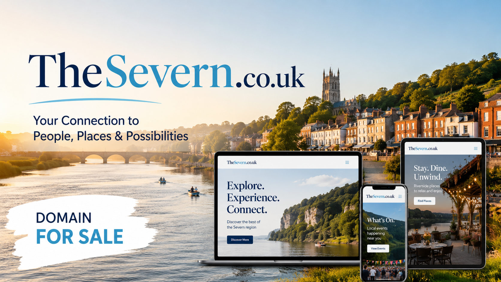 Visitors explore a picturesque riverside town beside the River Severn as a bright promotional banner showcases TheSevern.co.uk with website mock-ups for travel, local attractions and hospitality. The landscape features a historic bridge, waterfront buildings and a clear "Domain For Sale" message, presenting the name as a regional brand for tourism, local businesses and community content.