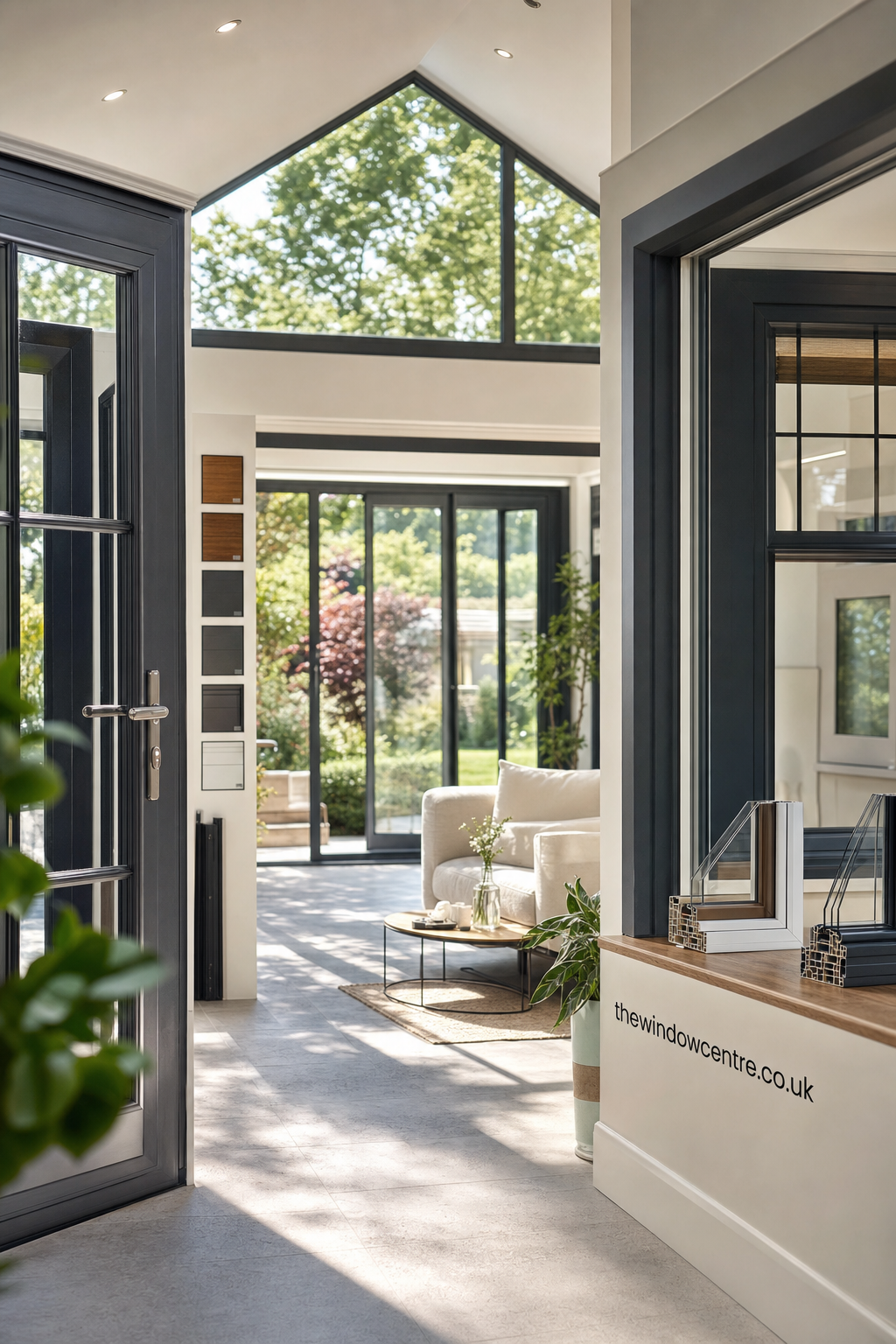 Sunlit modern showroom interior featuring dark-framed windows, glass door sections, and a cozy seating area with a white armchair and small table, with samples of window frame cross-sections on display.