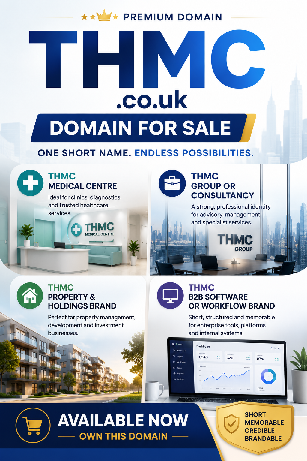 Landscape promotional graphic featuring the domain THMC.co.uk with healthcare, consultancy, property and software visuals. Style: modern corporate.