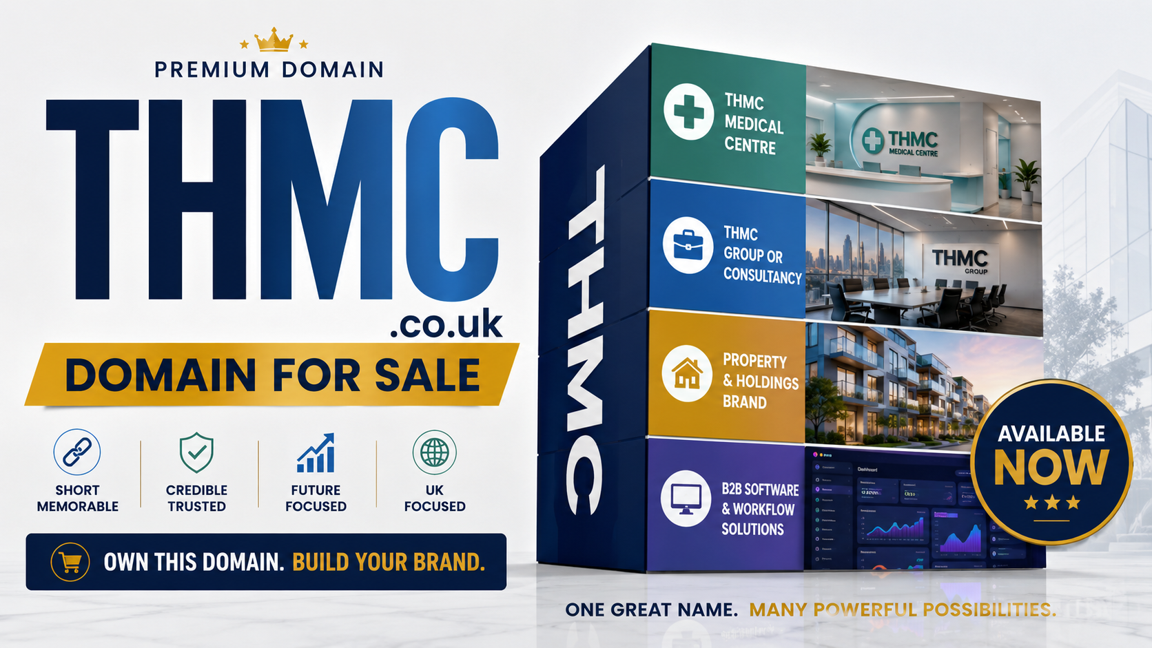 Landscape promotional graphic featuring the domain THMC.co.uk with healthcare, consultancy, property and software visuals. Style: modern corporate.