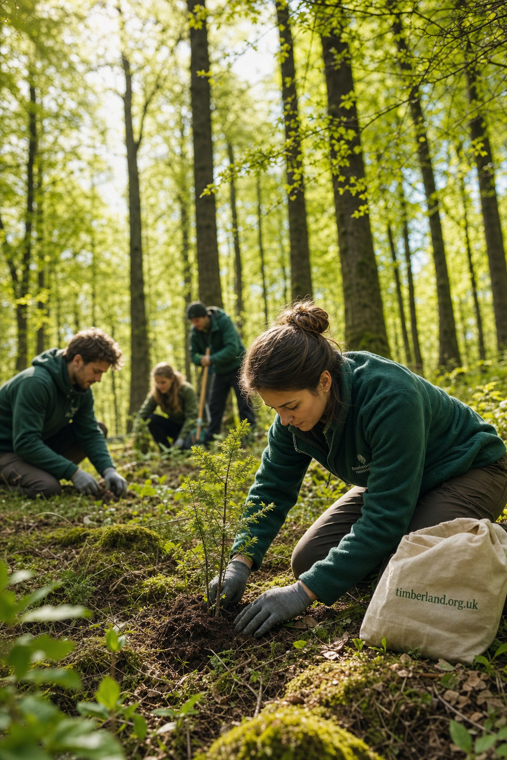 Volunteers planting young saplings in a sunlit forest clearing, wearing green jackets, working carefully to restore woodland with a canvas bag labeled timberland.org.uk placed nearby in the mossy soil.