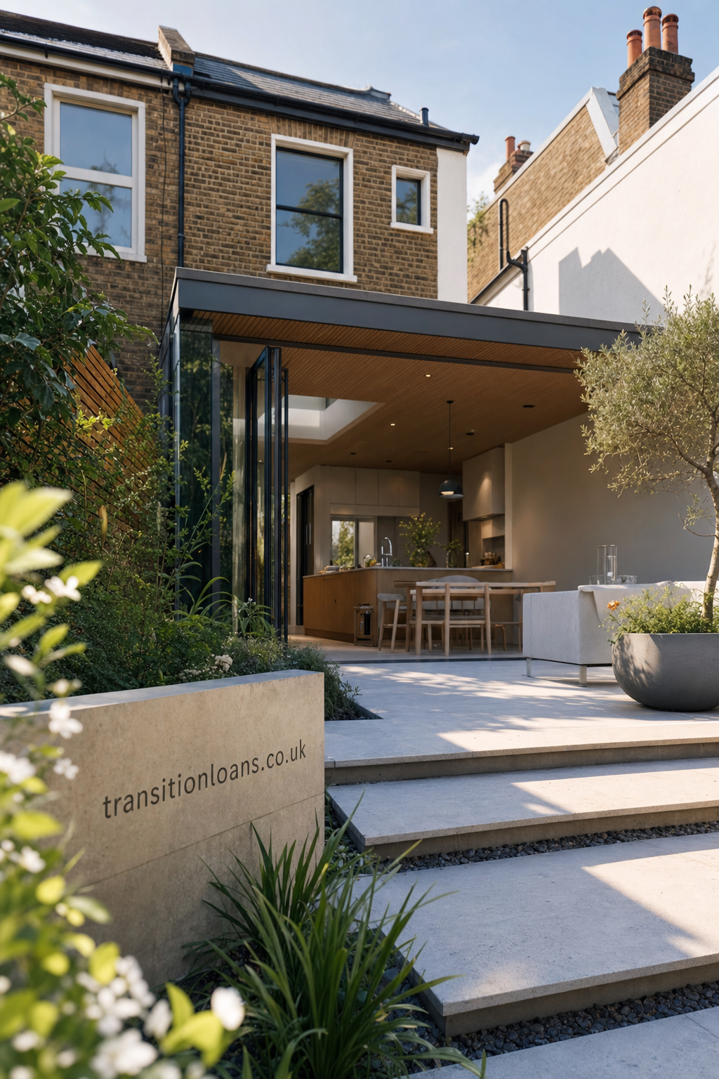 Modern residential property with open-plan kitchen and dining area leading to a landscaped garden patio with stone steps and greenery, showcasing a comfortable home environment for property transitions.