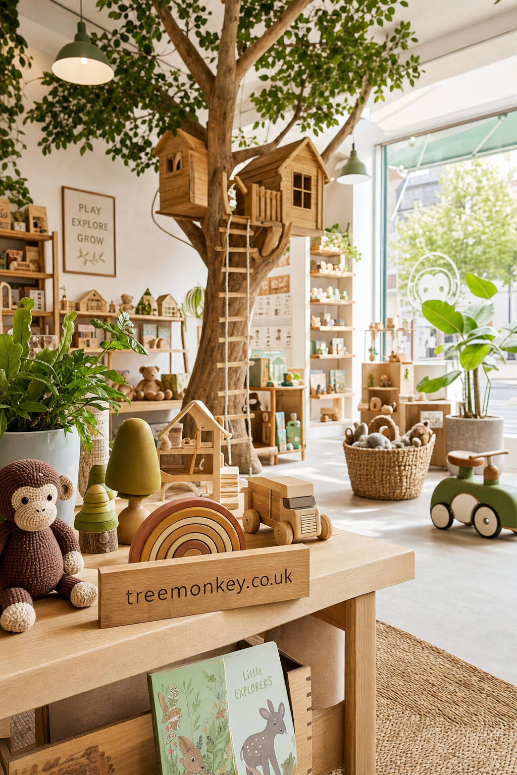 A bright, inviting toy store interior featuring a large artificial tree with wooden treehouses, surrounded by shelves filled with wooden toys and green plants, a wooden table displaying a knitted monkey, wooden toys, and a sign reading treemonkey.co.uk.