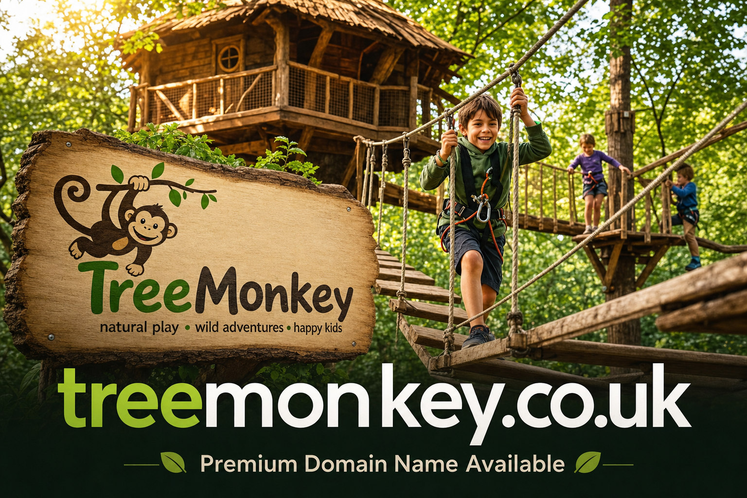 Children wearing safety harnesses play on a wooden rope bridge in a forested adventure playground, with a treehouse visible in the background and a wooden sign featuring a smiling monkey logo and text for TreeMonkey.