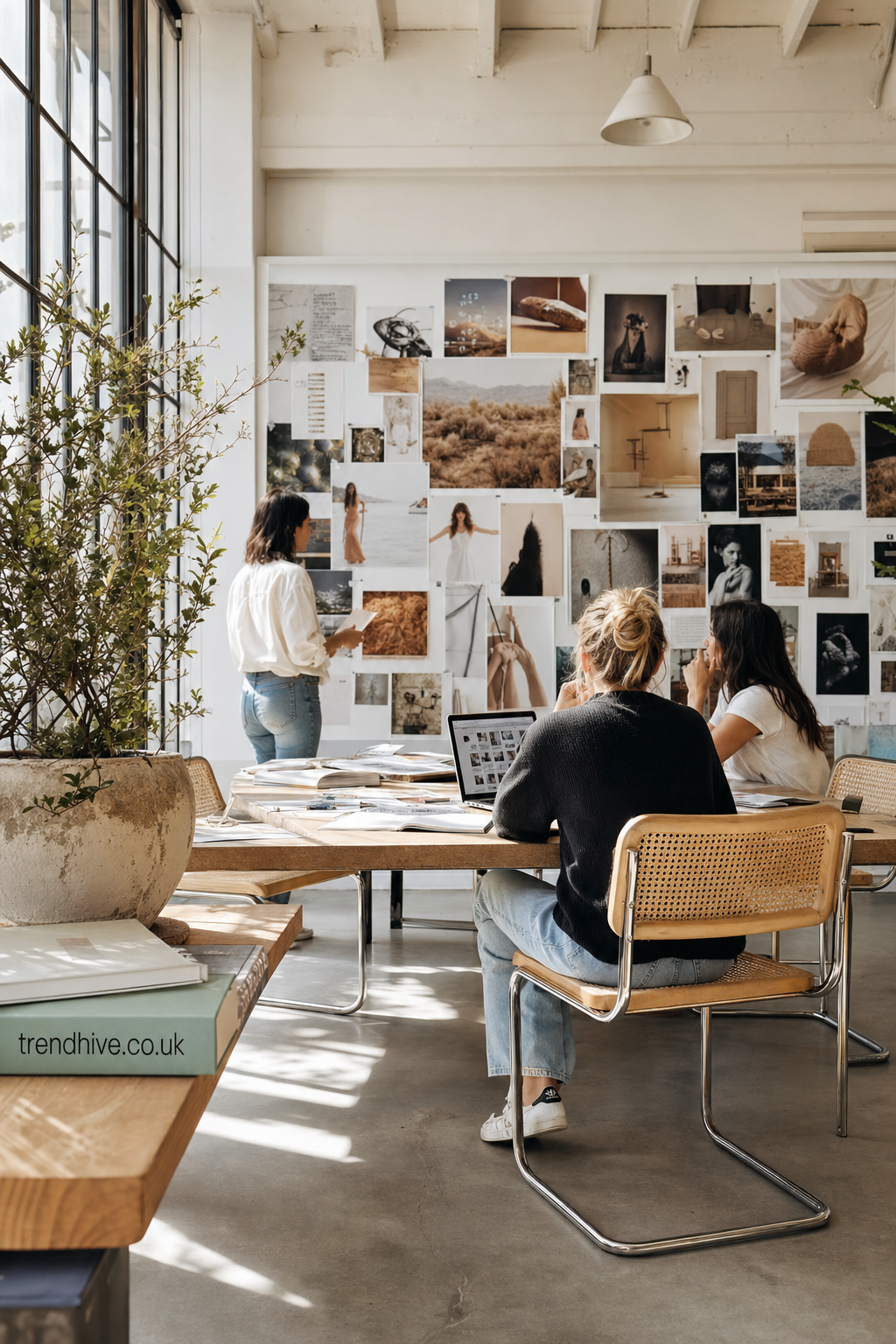 Creative professionals in a bright studio brainstorming in front of a large wall covered with diverse photographs and mood boards, surrounded by modern furniture and natural light.