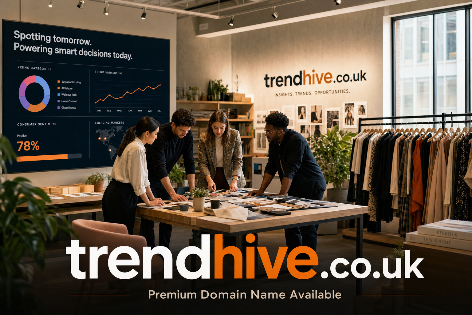 Four colleagues lean over a wooden table covered with fabric swatches and design materials in a modern office. A large screen displays charts on consumer sentiment and rising categories. Clothing racks and branded wall signage for trendhive.co.uk are visible in the background.