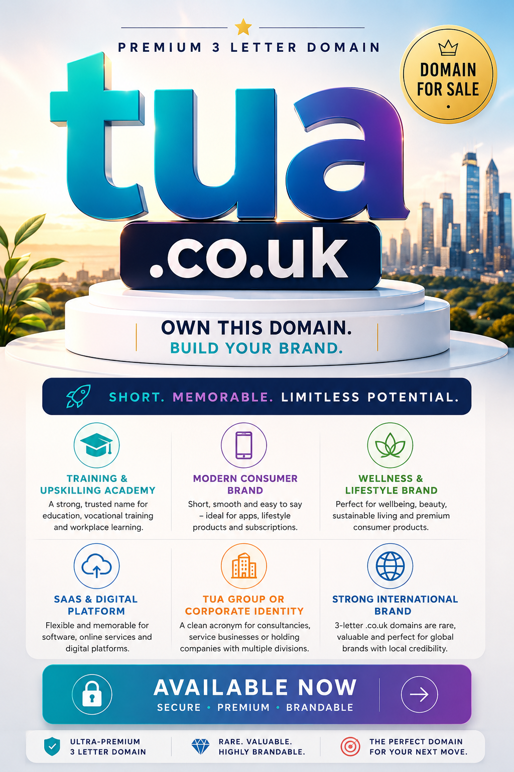 Promotional graphic featuring the domain tua.co.uk with 3D logo plinth, business icons and bright modern branding.