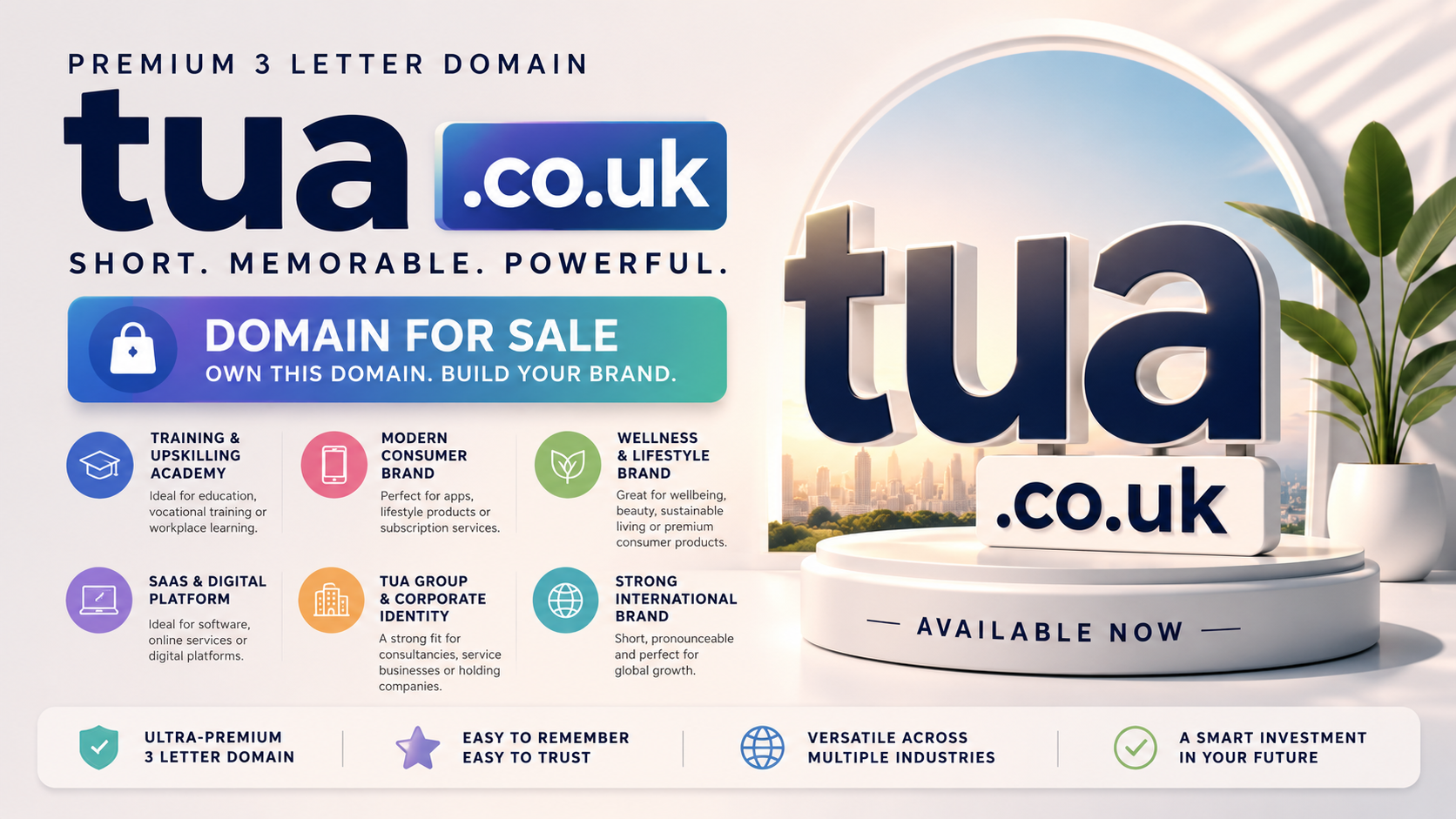 Promotional graphic featuring the domain tua.co.uk with 3D logo plinth, business icons and bright modern branding.
