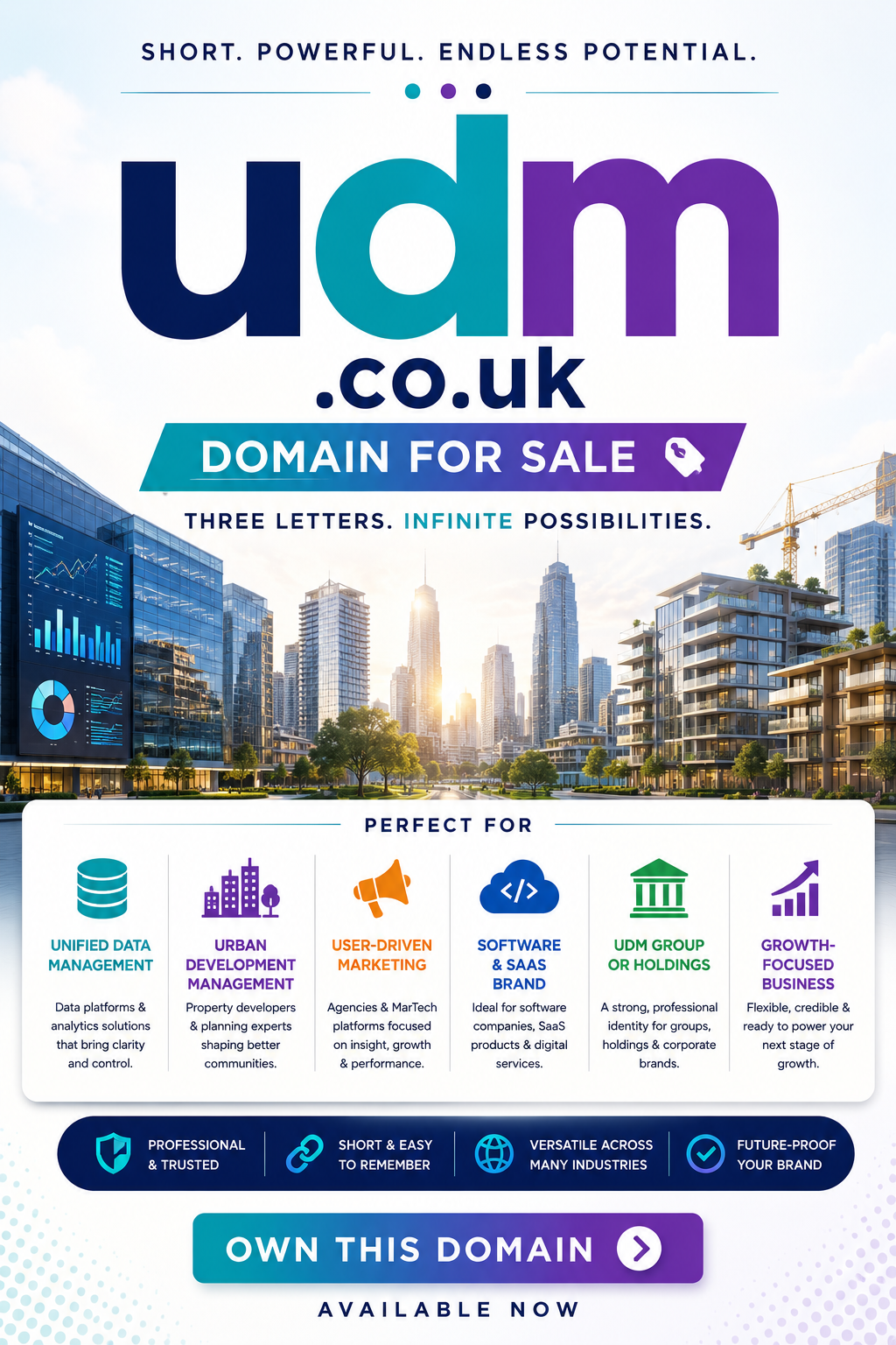 Landscape promotional graphic featuring the domain udm.co.uk with modern city blocks, SaaS icons and for-sale branding. Style: bright premium tech design.