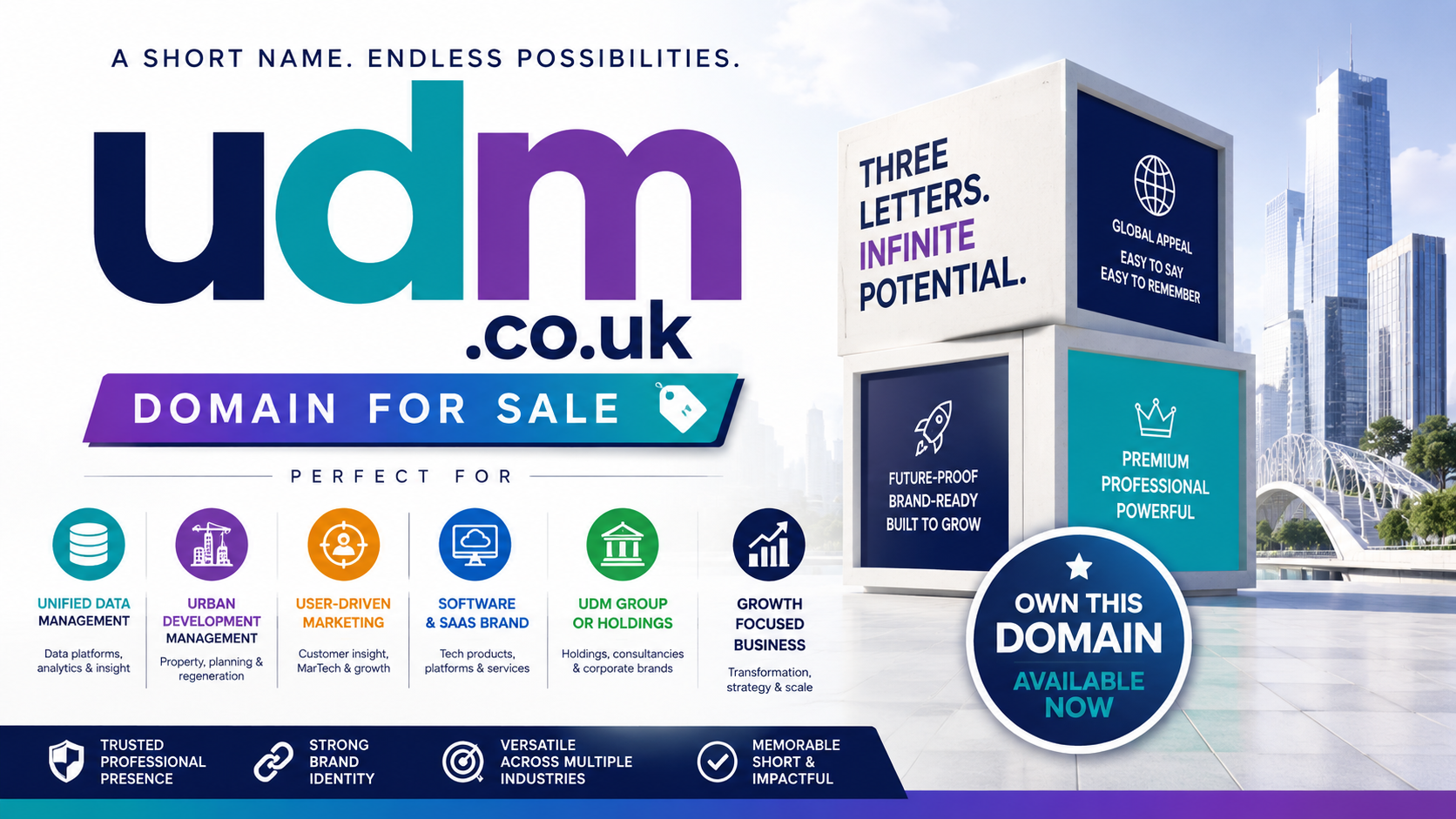 Landscape promotional graphic featuring the domain udm.co.uk with modern city blocks, SaaS icons and for-sale branding. Style: bright premium tech design.