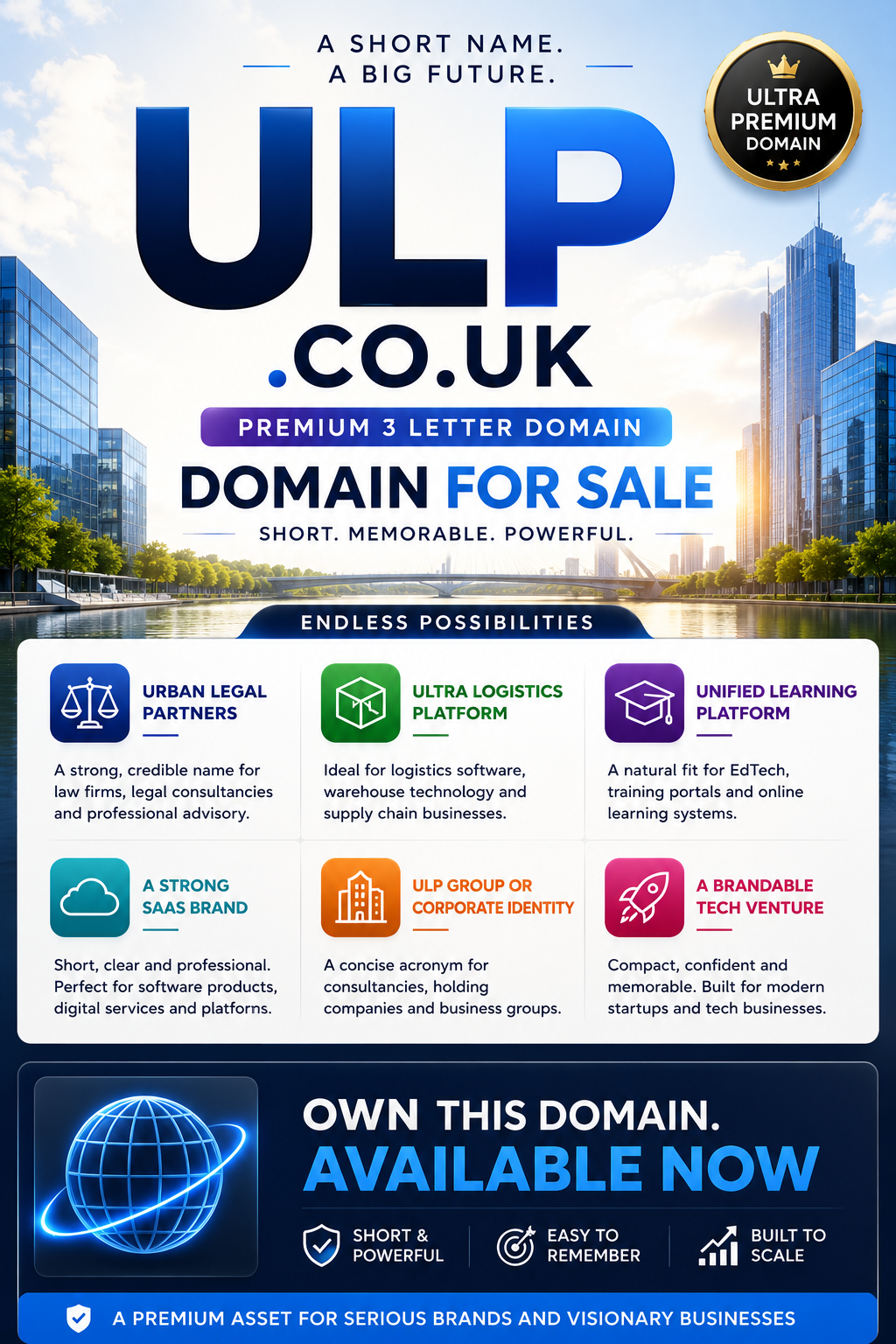 Landscape promotional graphic featuring the domain ulp.co.uk with corporate skyline, premium badge and SaaS-style branding. Style: modern and professional.