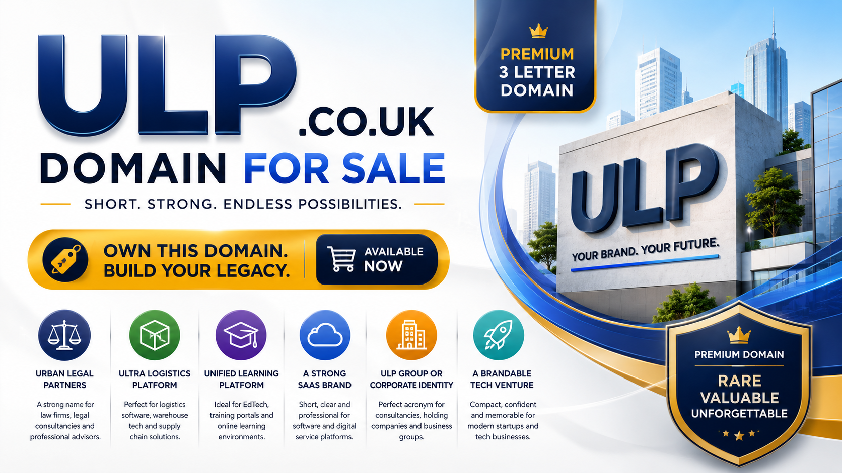 Landscape promotional graphic featuring the domain ulp.co.uk with corporate skyline, premium badge and SaaS-style branding. Style: modern and professional.