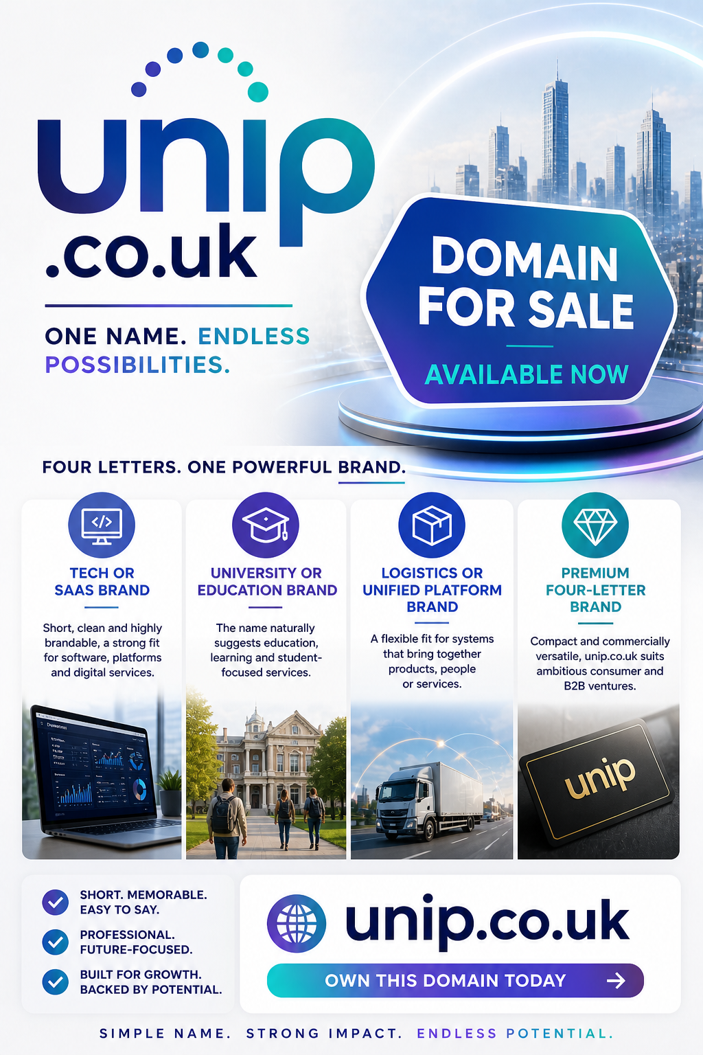 Promotional graphic featuring the domain unip.co.uk, shown with tech icons and gradient branding. Style: modern, clean, corporate.