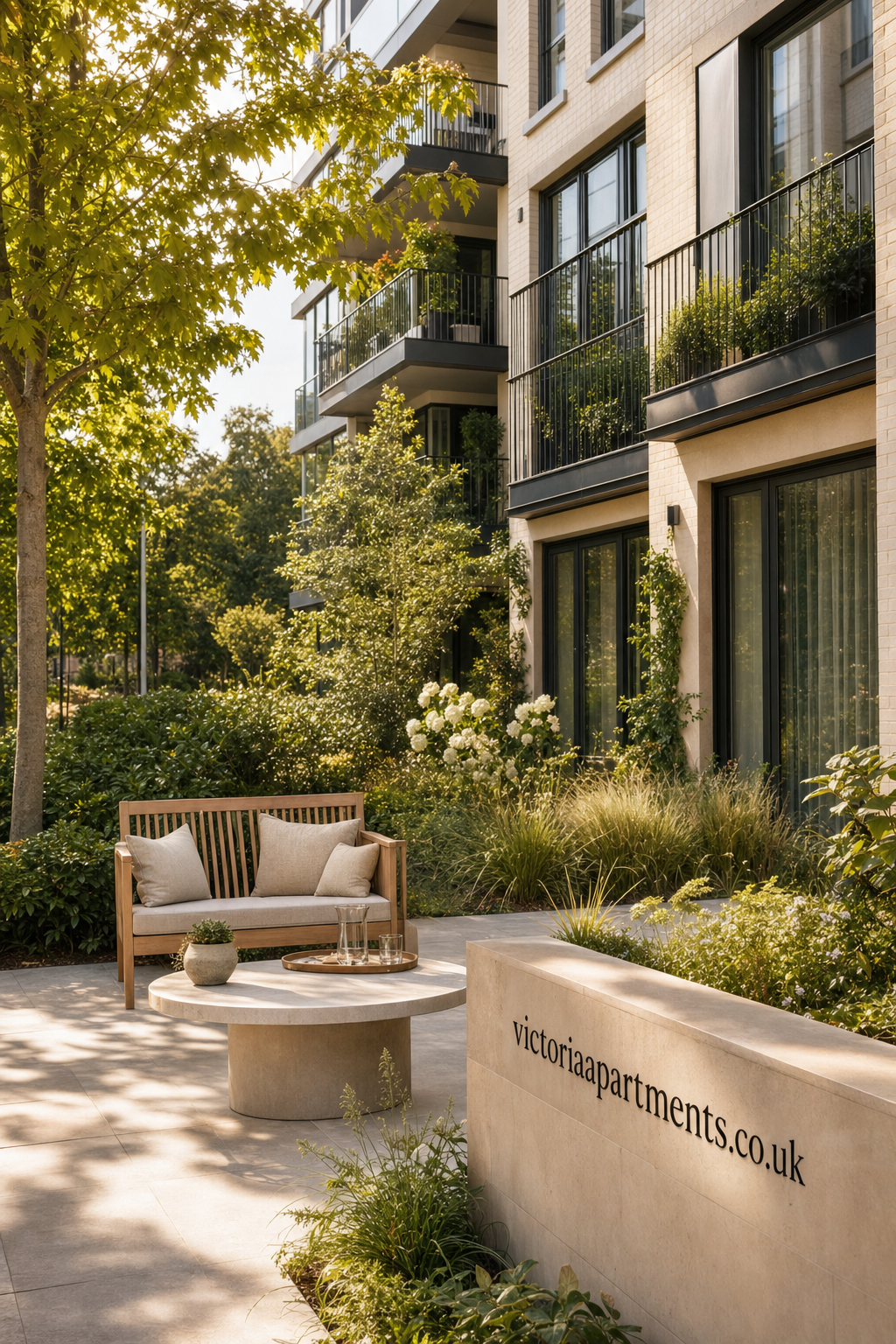 Outdoor garden seating area with wooden bench and round stone table in front of modern apartment building surrounded by lush greenery and glass balconies