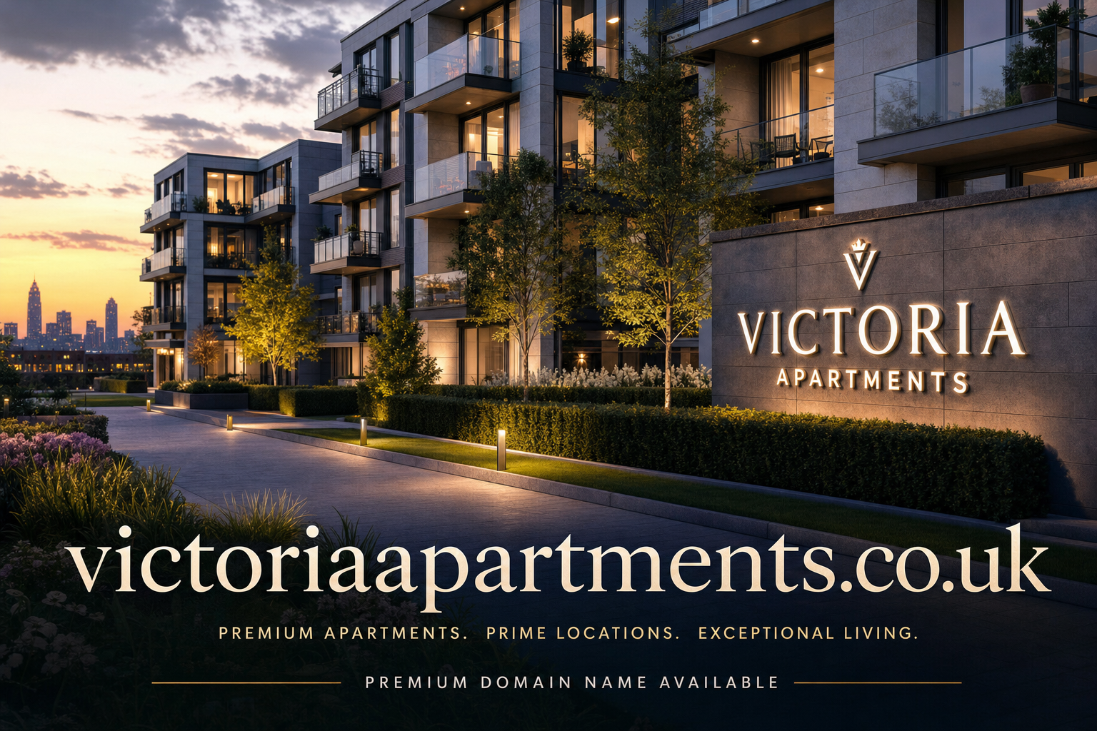 A modern apartment complex at dusk with illuminated balconies and a landscaped pathway lined with small trees and bushes. A large stone wall displays a glowing sign reading "Victoria Apartments." Text at the bottom reads "victoriaapartments.co.uk" and highlights "Premium Apartments. Prime Locations. Exceptional Living."