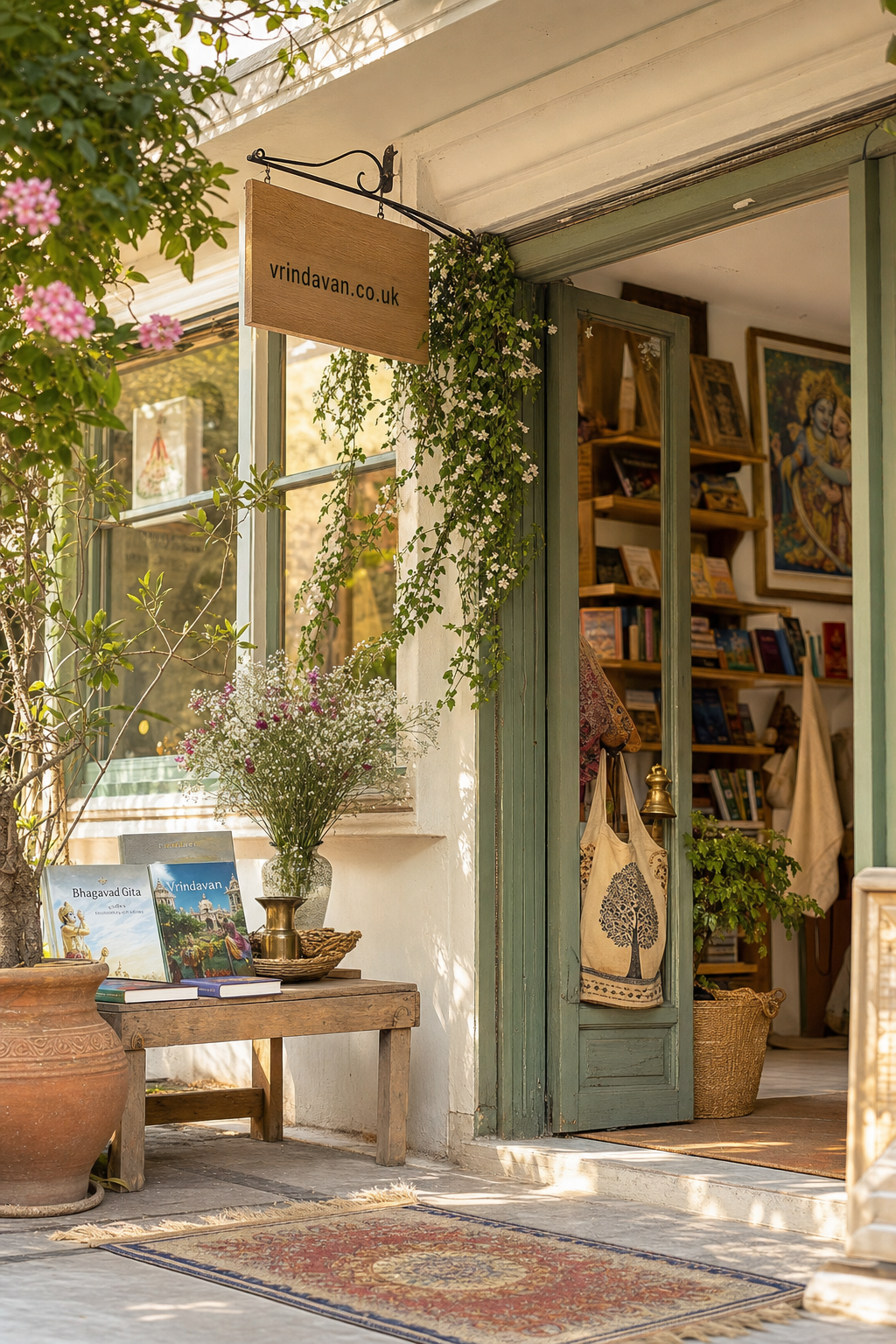 Cozy shop entrance with open green wooden doors, wooden bench displaying spiritual books, potted plants, hanging sign reading vrindavan.co.uk, and shelves filled with books and framed artwork inside