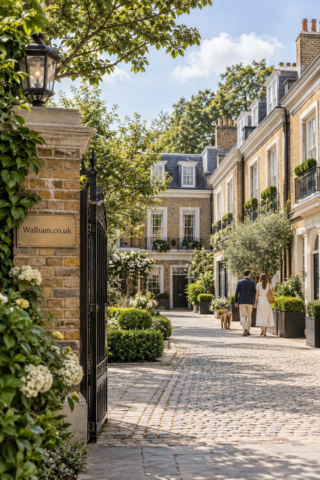 Sunlit private mews lined with elegant brick townhouses, landscaped gardens and cobbled paving, with a couple and their dog walking beneath trees beside a discreet Walham.co.uk entrance plaque.