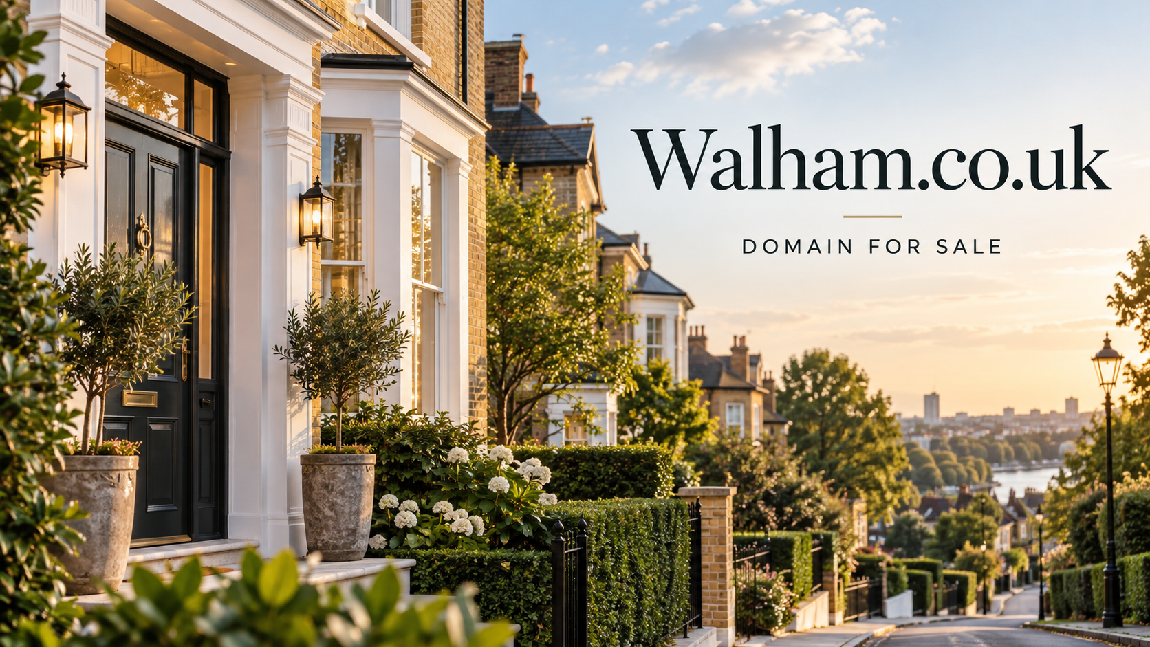 Sunlit luxury townhouse street with elegant period homes, landscaped gardens and a distant city view, featuring Walham.co.uk and a discreet Domain For Sale message.