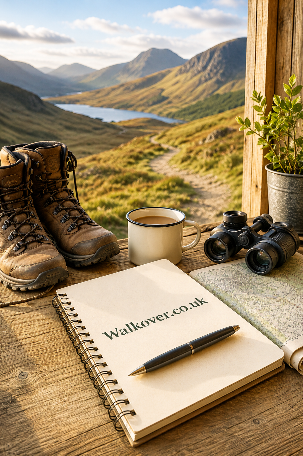 A bright, welcoming mountain cabin workspace overlooks a winding trail and peaceful lake, with hiking boots, binoculars, a map and a notebook displaying Walkover.co.uk, capturing the spirit of outdoor adventure and walking exploration.