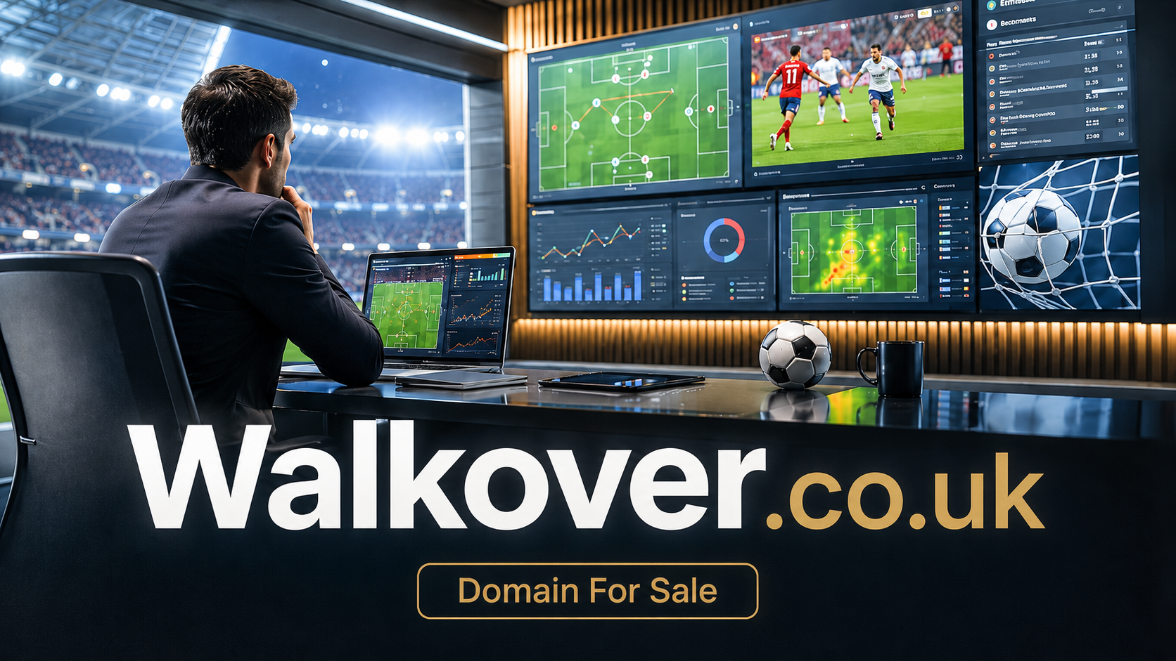 Football analyst studies match footage, tactical diagrams and performance charts in a bright stadium analysis studio, with Walkover.co.uk and a Domain For Sale message displayed below.