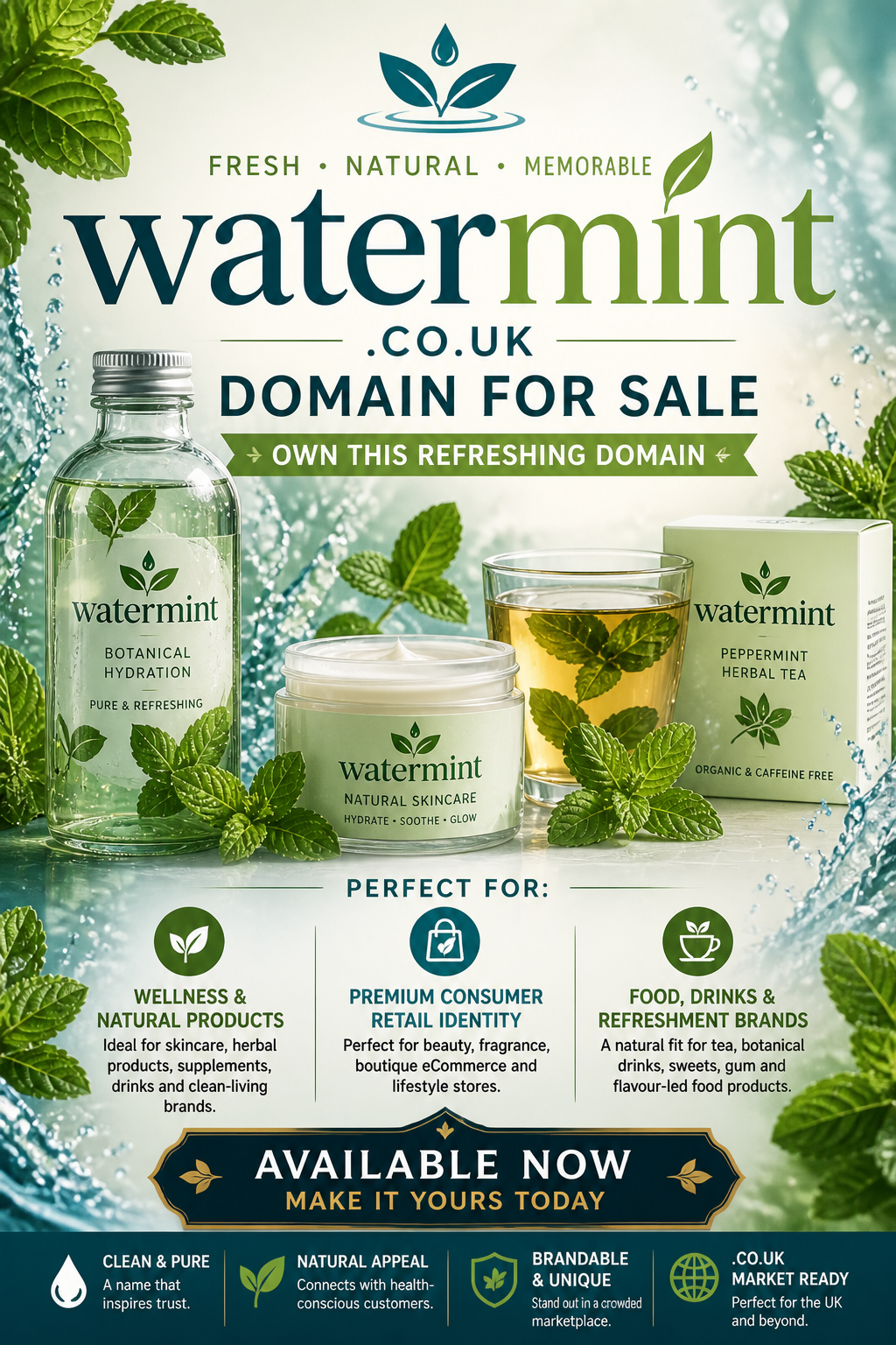 Promotional graphic featuring the domain watermint.co.uk, shown with mint leaves and water droplets. Style: fresh natural branding.