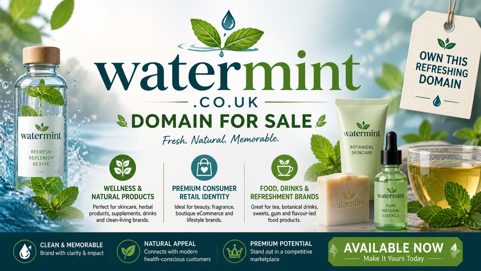 Promotional graphic featuring the domain watermint.co.uk, shown with mint leaves and water droplets. Style: fresh natural branding.