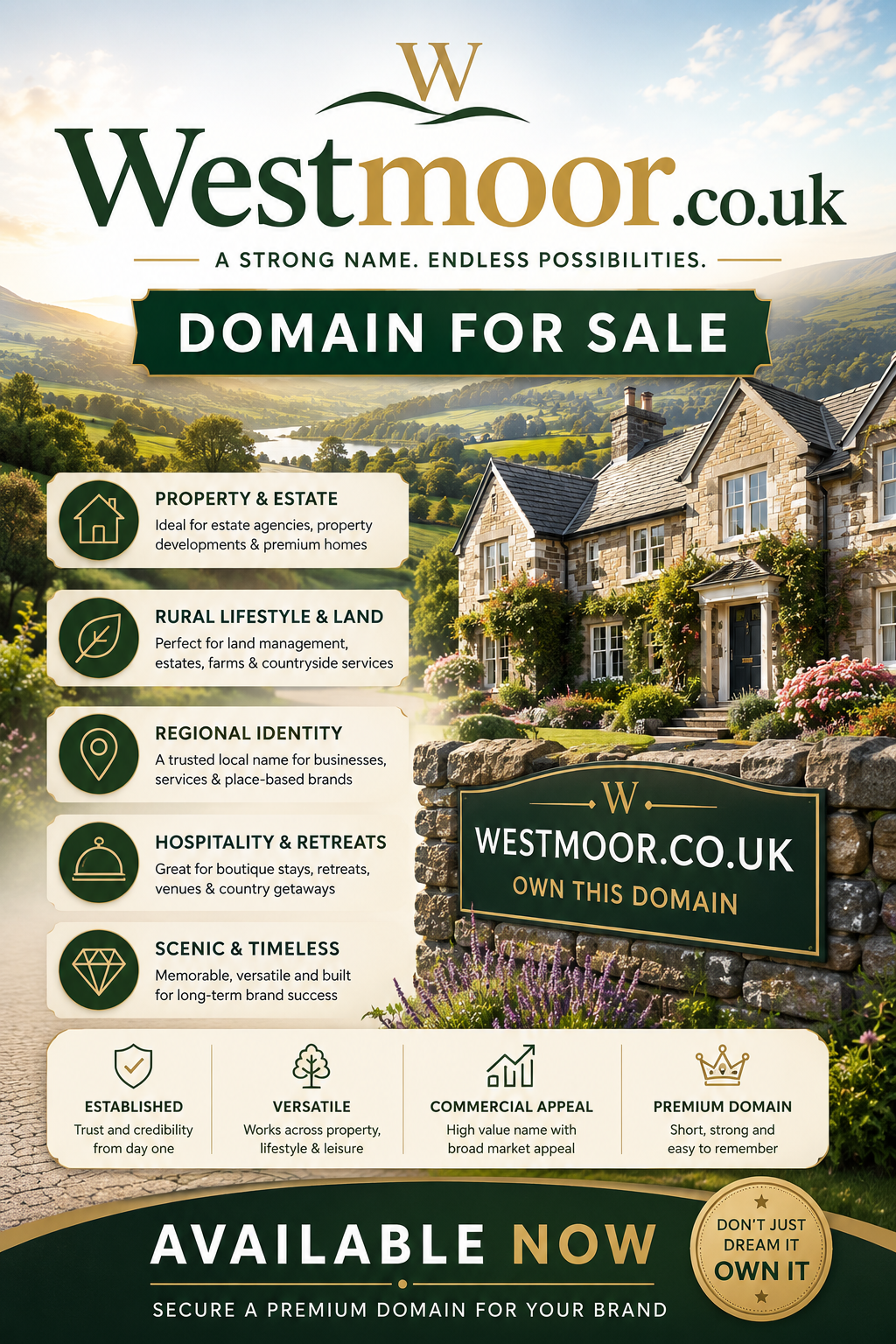 Promotional graphic featuring the domain Westmoor.co.uk with countryside estate imagery and luxury property branding. Style: bright premium rural aesthetic.