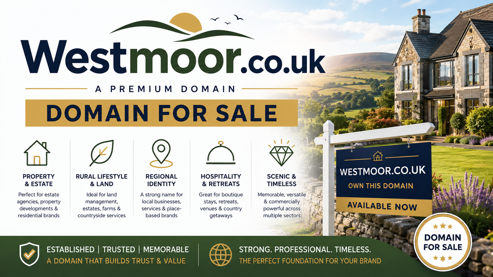 Promotional graphic featuring the domain Westmoor.co.uk with countryside estate imagery and luxury property branding. Style: bright premium rural aesthetic.