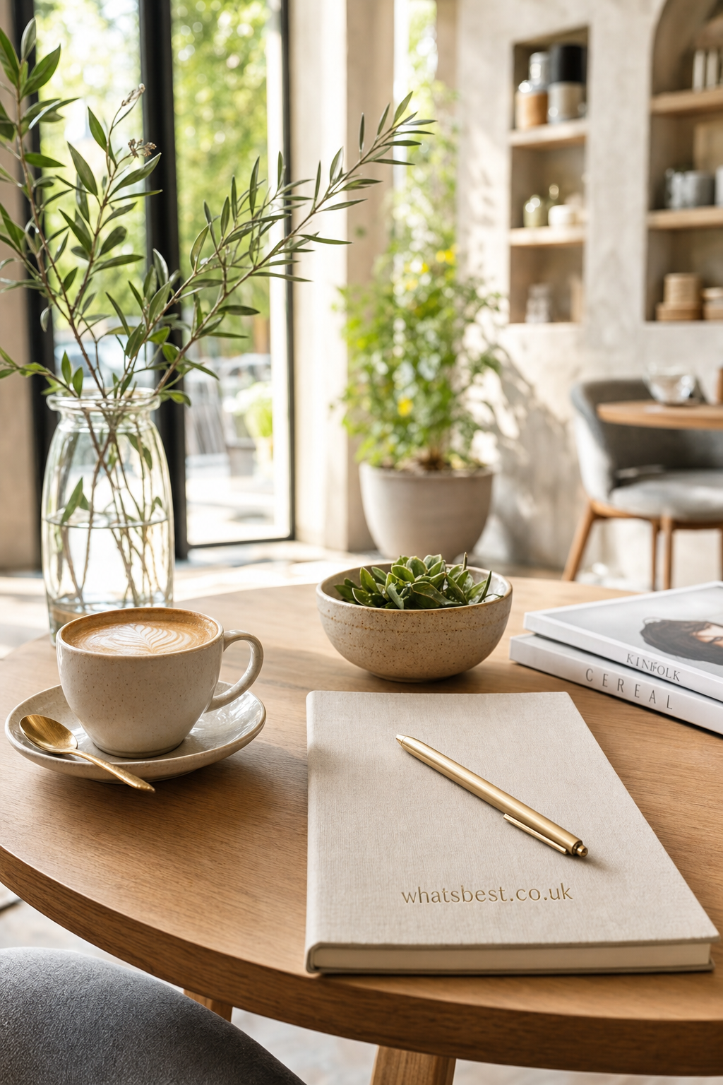 A cozy cafe table with a latte in a ceramic cup and saucer, a cream-colored notebook embossed with whatsbest.co.uk, a gold pen on top, a bowl of succulents, and a glass jar with a green leafy plant, sunlit with a modern, relaxing cafe interior in the background.