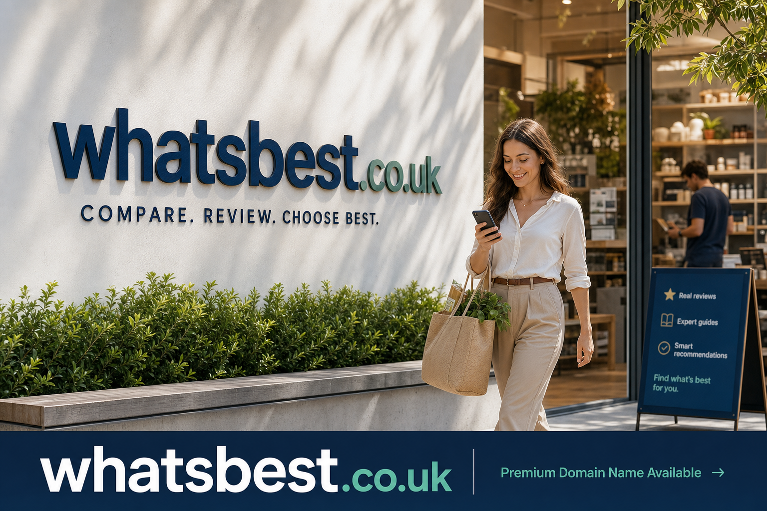 A woman dressed in beige and white walks outside a store carrying a tote bag filled with groceries, smiling while looking at her phone. Behind her, a large sign reads "whatsbest.co.uk Compare. Review. Choose best." with green plants and a shop interior visible through the glass door.