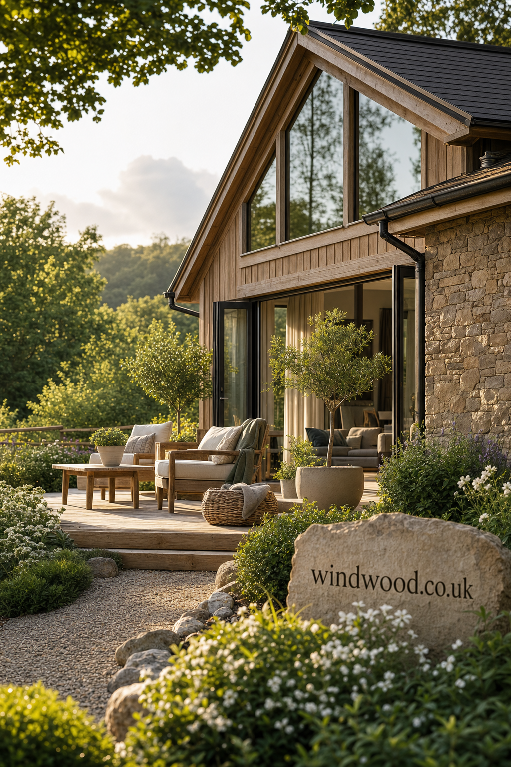 A scenic rural home with wooden exterior and large glass windows opening to a sunlit garden patio with comfortable outdoor seating, surrounded by lush greenery and flowering plants near a stone engraved with windwood.co.uk.