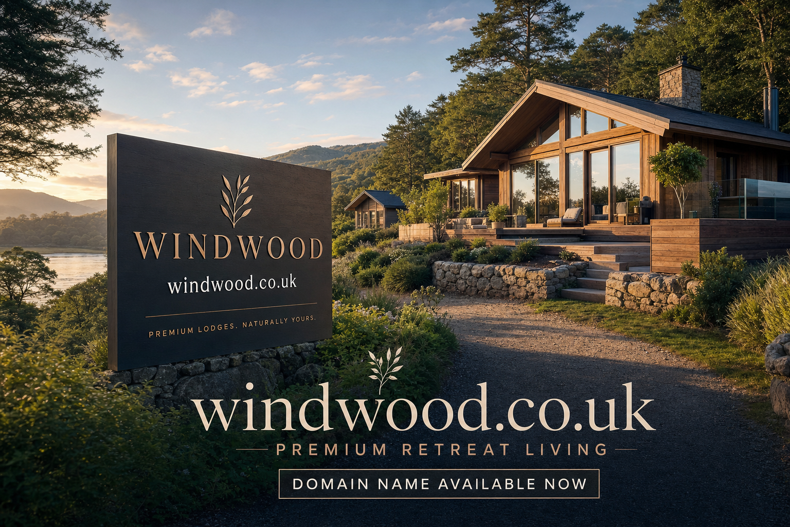 A luxury wooden lodge with large glass windows sits surrounded by greenery and stonework under a sky with soft clouds. A sign nearby reads: WINDWOOD windwood.co.uk PREMIUM LODGES. NATURALLY YOURS. Text below offers the domain name for sale.