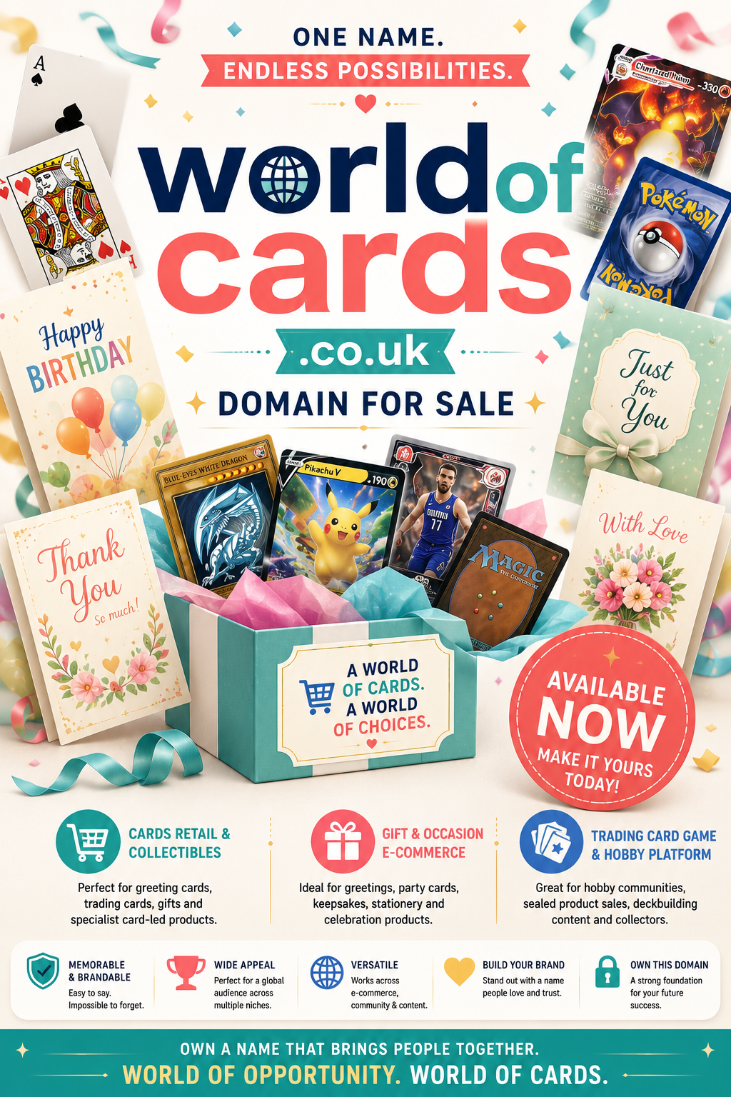 Promotional graphic featuring the domain worldofcards.co.uk, shown with greeting cards and gift box. Style: bright modern retail branding.