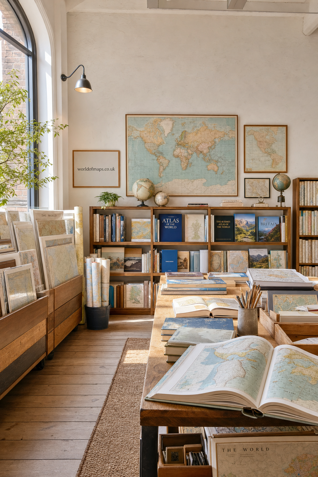 Interior of a cozy map shop filled with framed world maps on the walls, bookshelves with atlases, globes, and a wooden table displaying open map books and rolled maps in a bright room with natural light.
