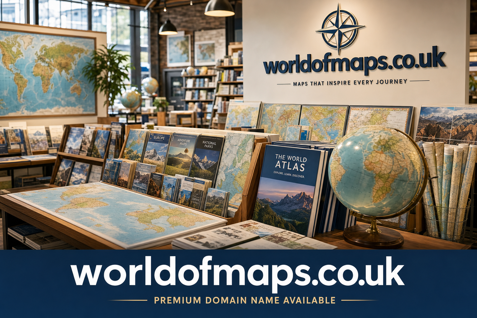 An interior shop scene shows various maps, atlases, and globes on display. A large wall sign reads 'worldofmaps.co.uk' with the tagline 'Maps that inspire every journey.' Rolled maps and framed maps are also visible.