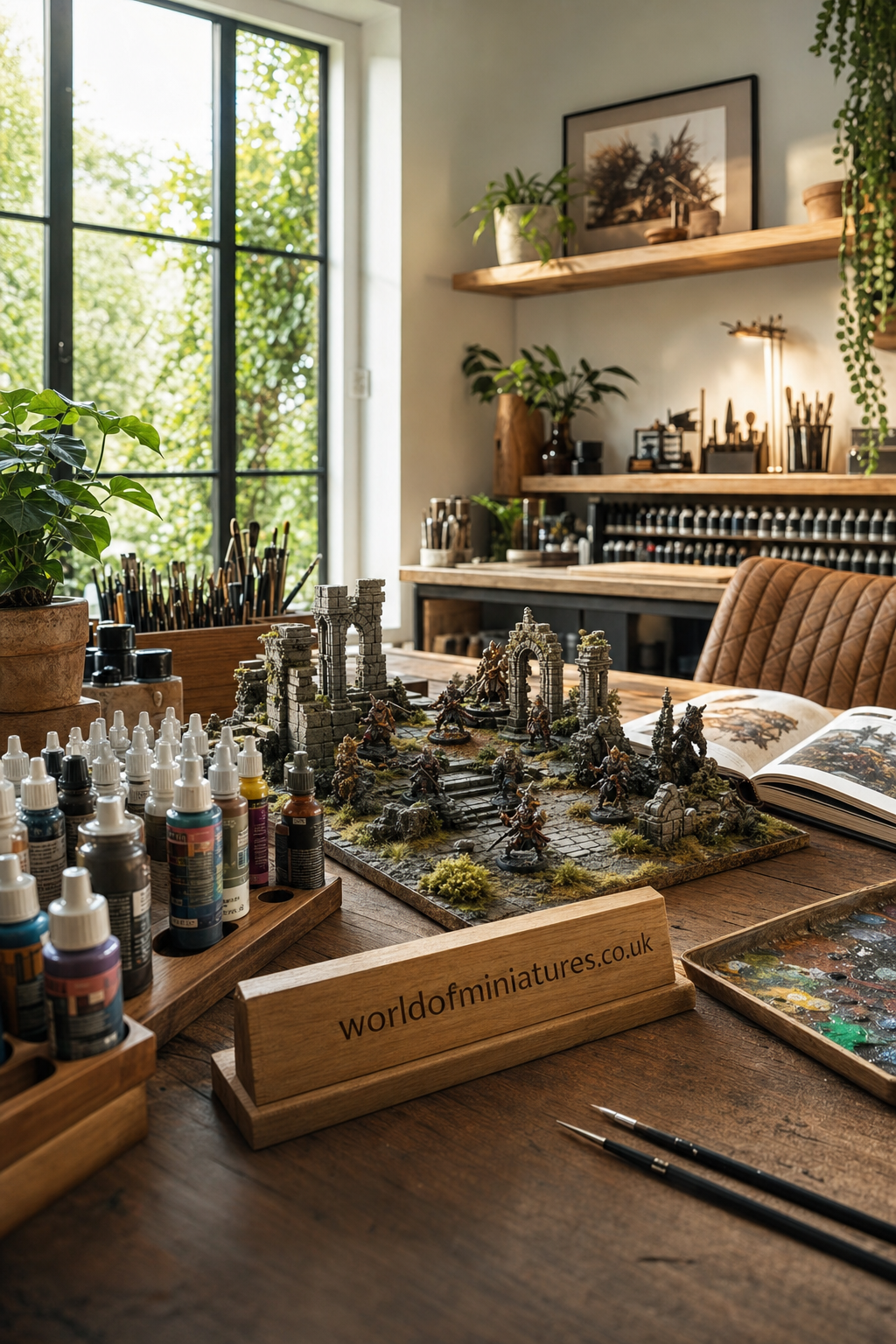 A detailed miniature tabletop gaming scene featuring painted fantasy warrior figures set among ancient stone ruins on a wooden table with paint bottles, brushes, an open painting guide, and potted plants in a well-lit hobby workspace.