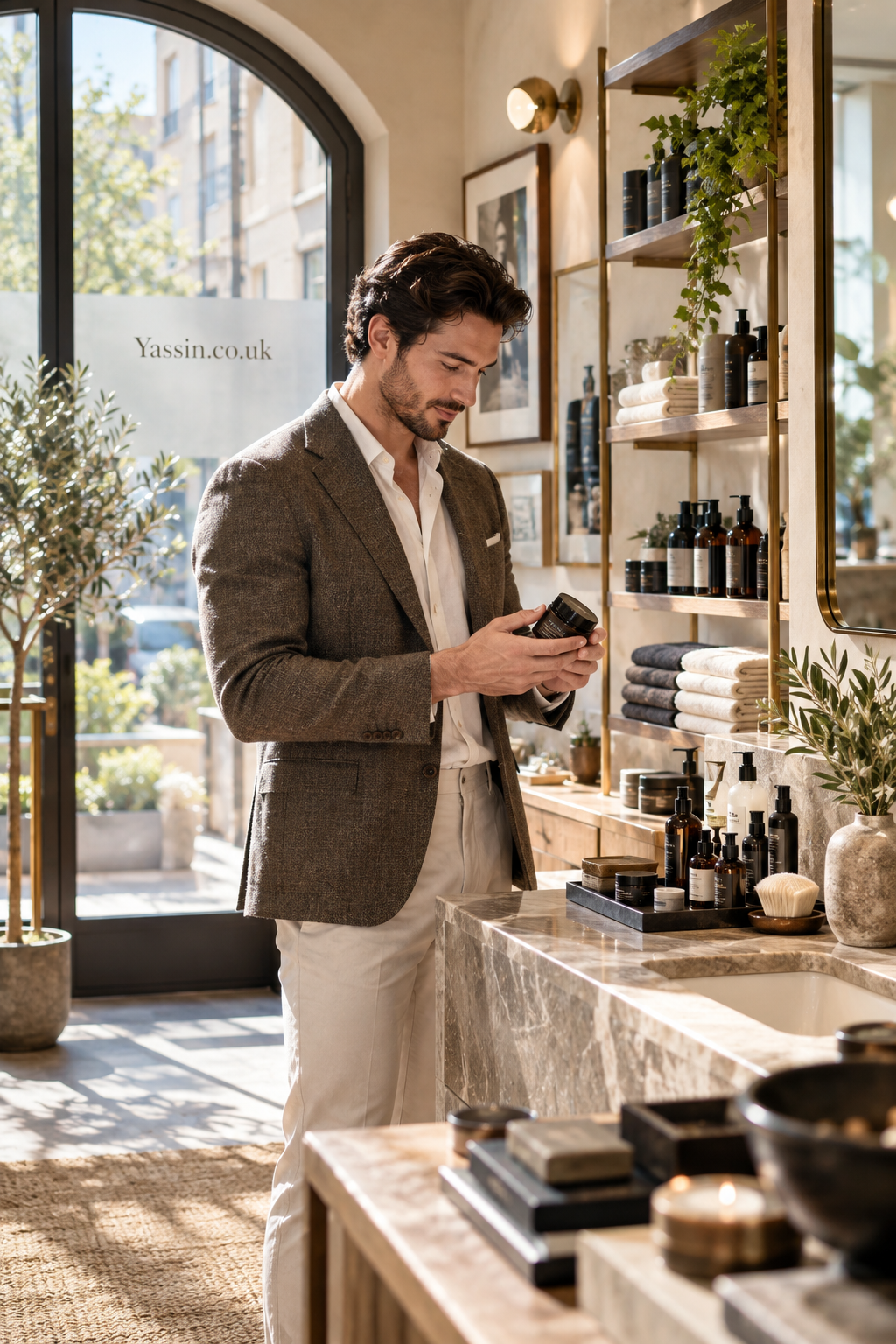 A well-dressed man browses grooming products in a sunlit luxury men's boutique, with warm wood shelving, stone counters, greenery and Yassin.co.uk displayed discreetly on the glass door.