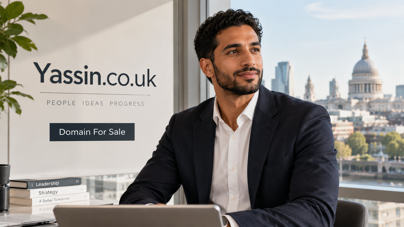 Professional consultant in a bright London office overlooking St Paul's Cathedral, with Yassin.co.uk displayed beside him and a discreet Domain For Sale message.