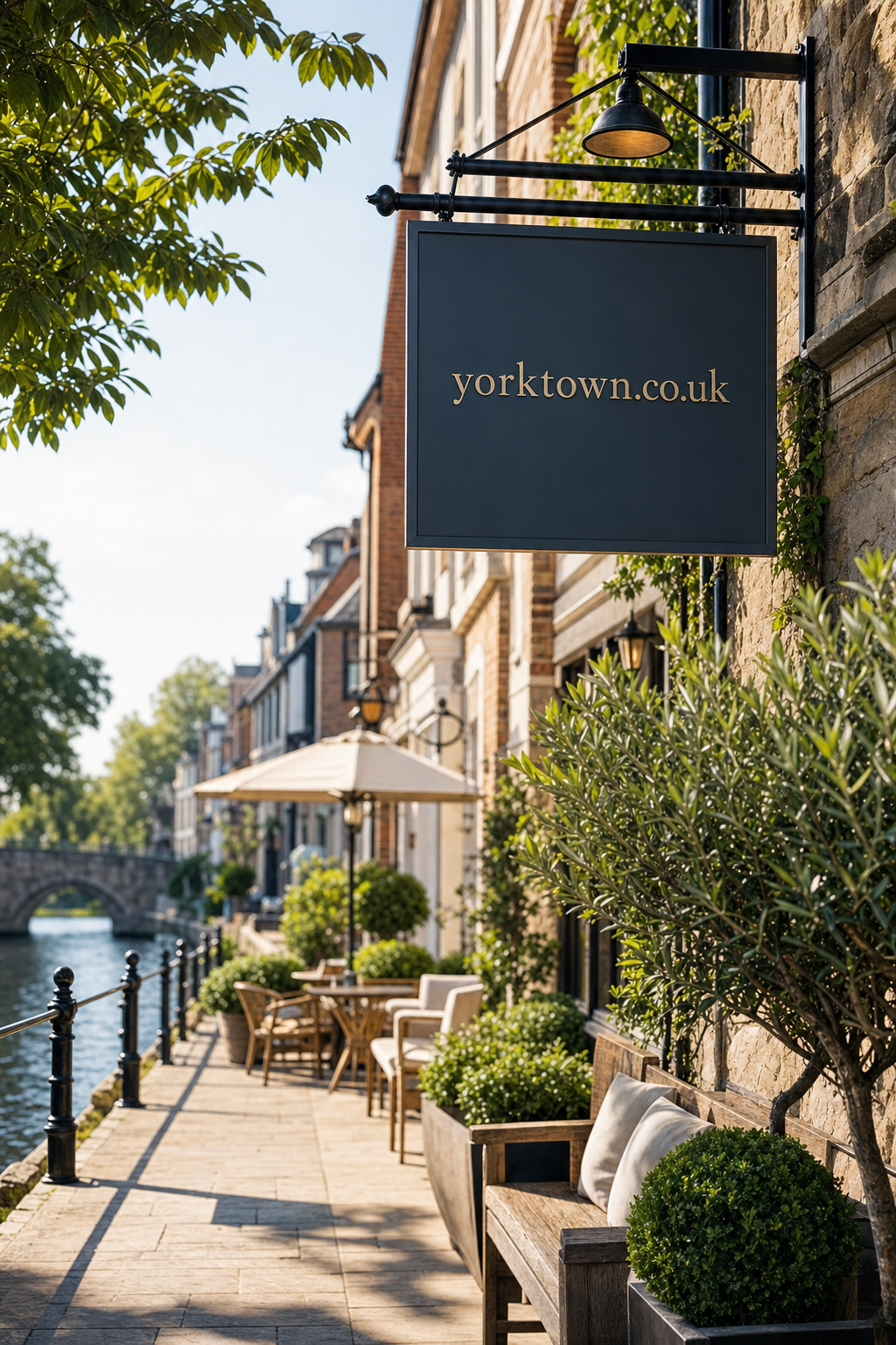 Outdoor seating area of a charming riverside café or restaurant with wooden benches, cushioned chairs, umbrella tables, and lush green plants along a stone-paved walkway next to a calm waterway, with a black sign showing 'yorktown.co.uk' mounted on a building.