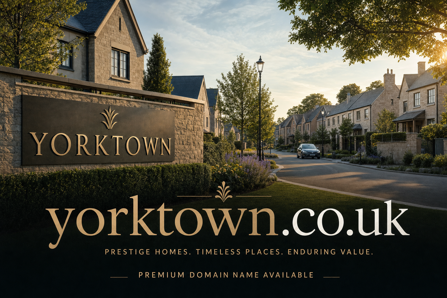 A residential street lined with modern stone houses, trees, and lamp posts at sunset. A stone sign with "YORKTOWN" is mounted on a low wall beside a hedge, with promotional text about a premium domain name beneath.