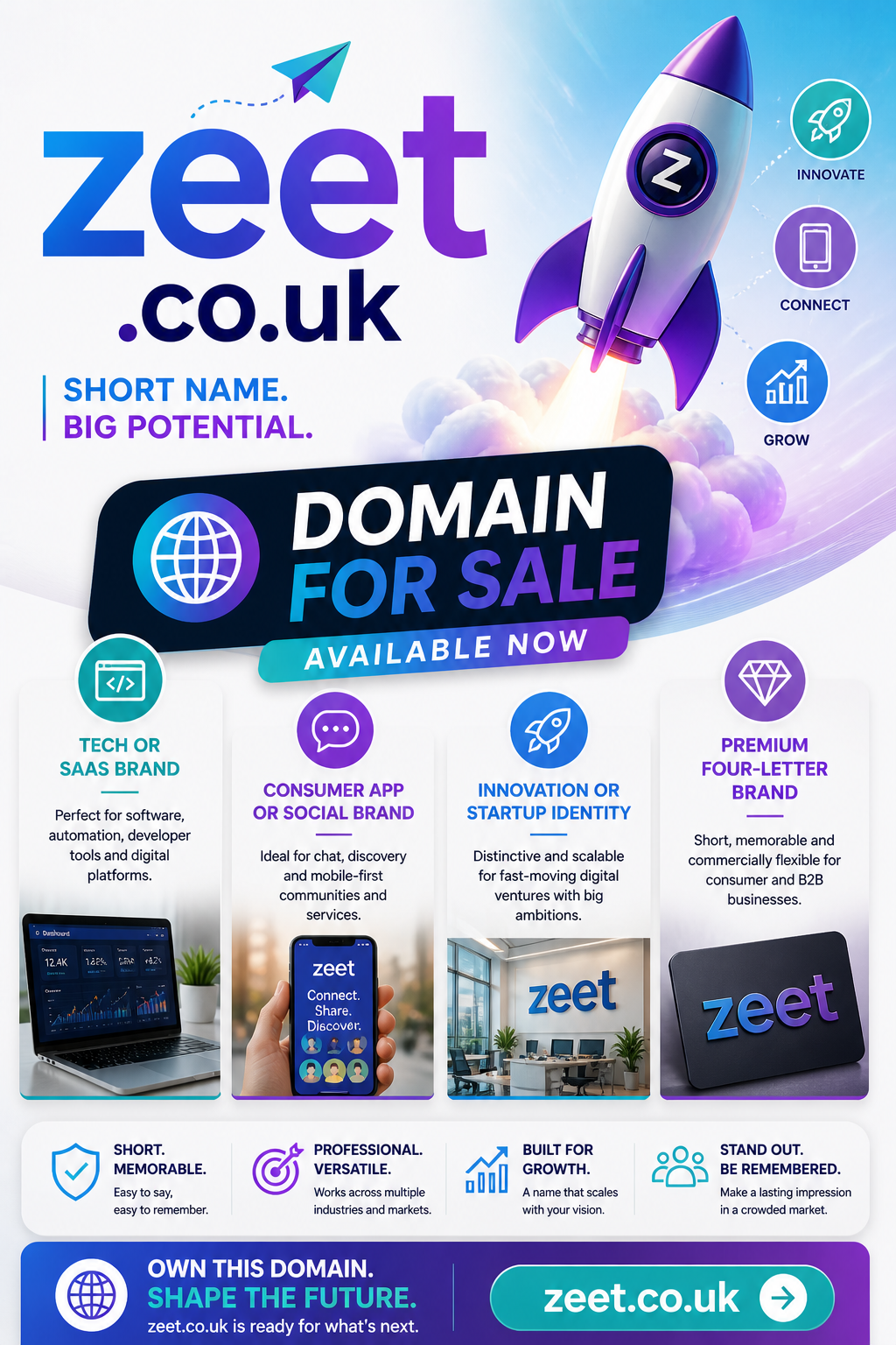 Promotional graphic featuring the domain zeet.co.uk, shown with rocket and tech icons. Style: modern, vibrant, startup-focused.