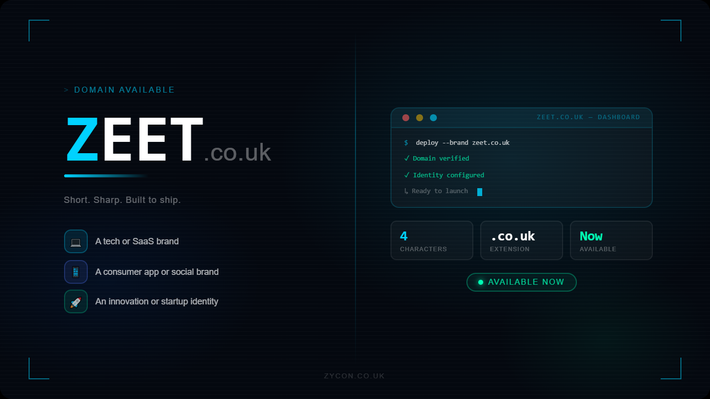 Startup-style ad featuring ZEET.co.uk with terminal UI and metric cards. Style: dark tech, clean, cyan-accented.
