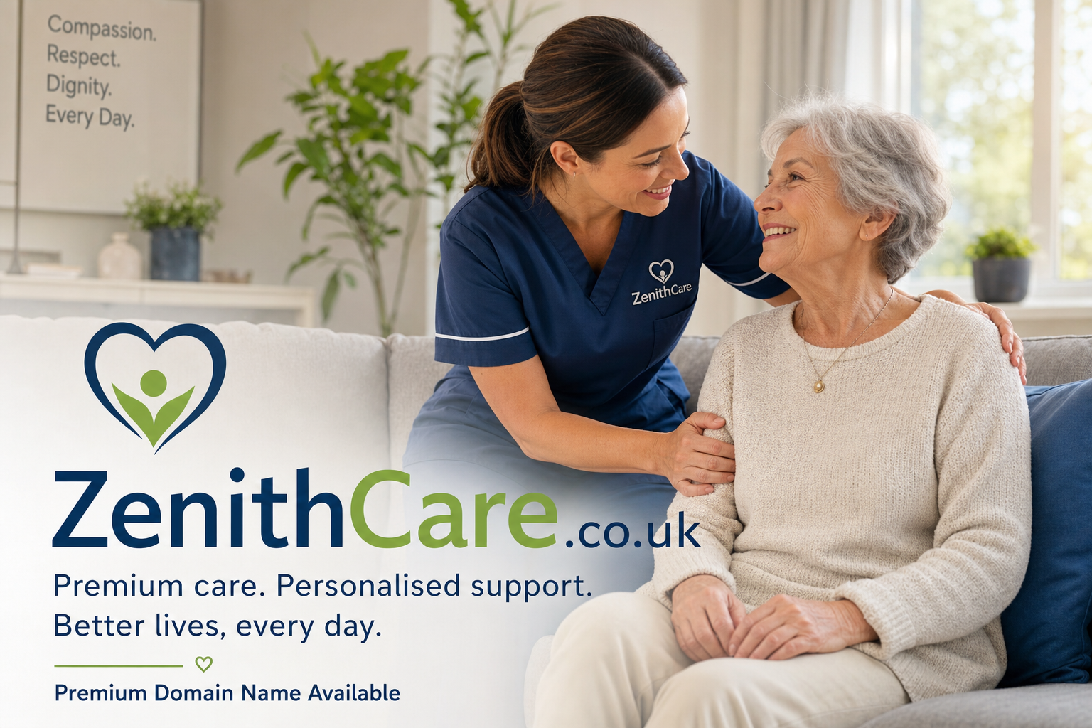 A nurse wearing a blue uniform with the ZenithCare logo smiles warmly and comforts an elderly woman seated on a couch in a bright, cozy living room. The wall behind displays the words: Compassion. Respect. Dignity. Every Day.