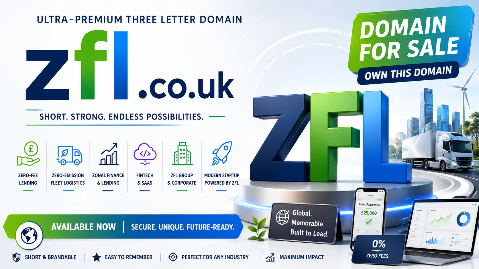 Promotional graphic for zfl.co.uk with fintech dashboards, EV logistics visuals and bold modern startup branding.